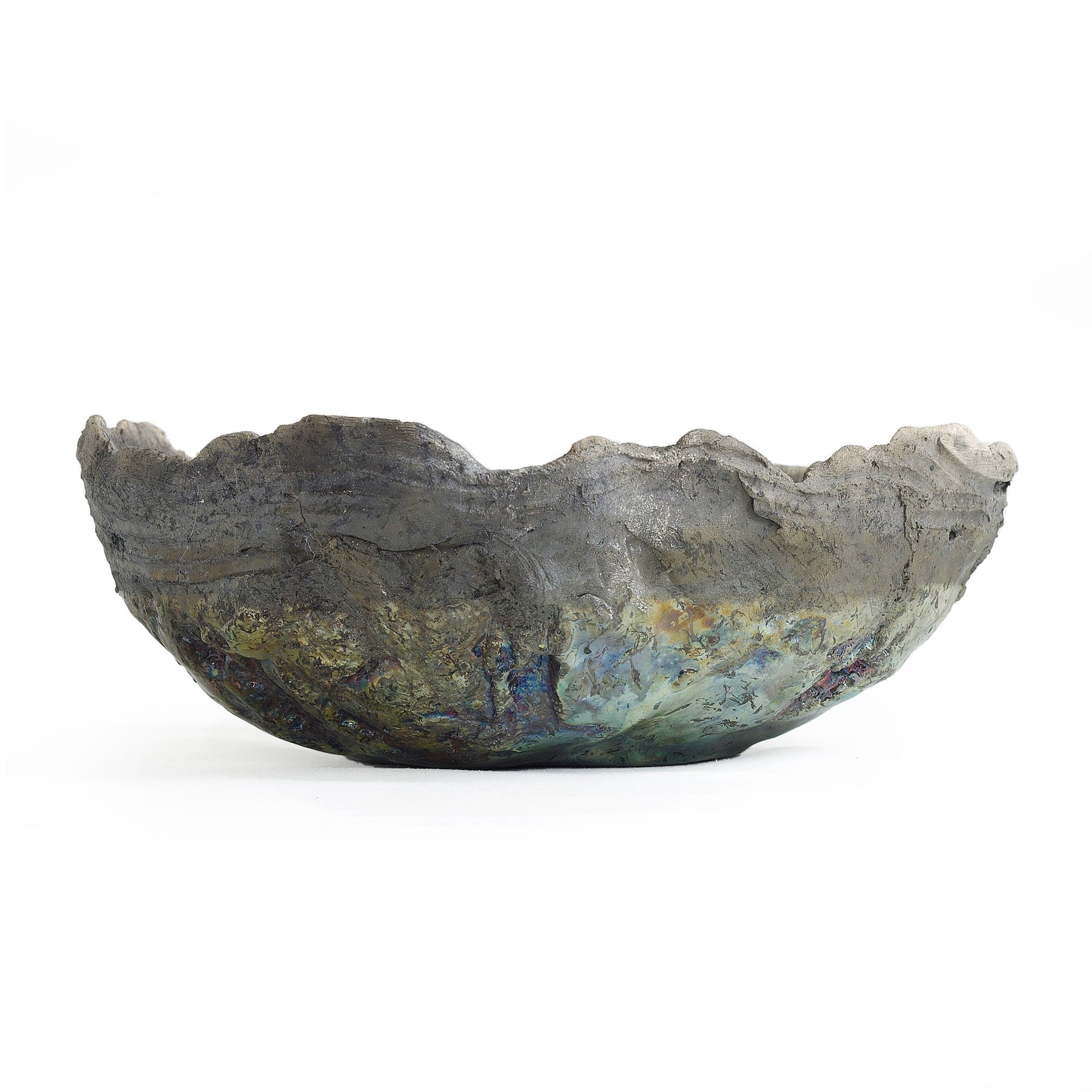 Modern Bark Bowl Raku Ceramic Black White Green Crackle Metal