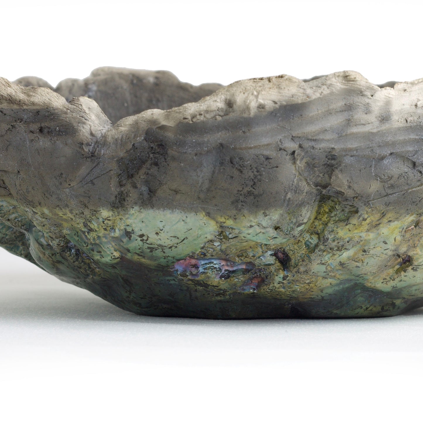 Modern Bark Bowl Raku Ceramic Black White Green Crackle Metal