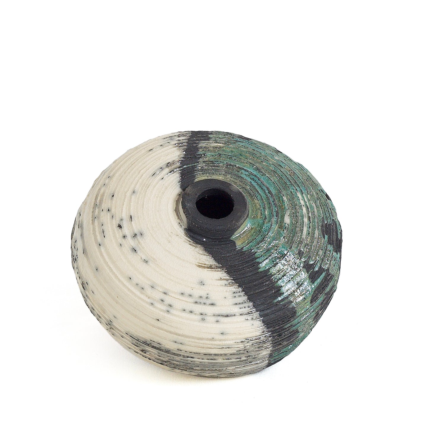 Japanese Modern Nauru Sculpture Raku Ceramic Green White Black Metal