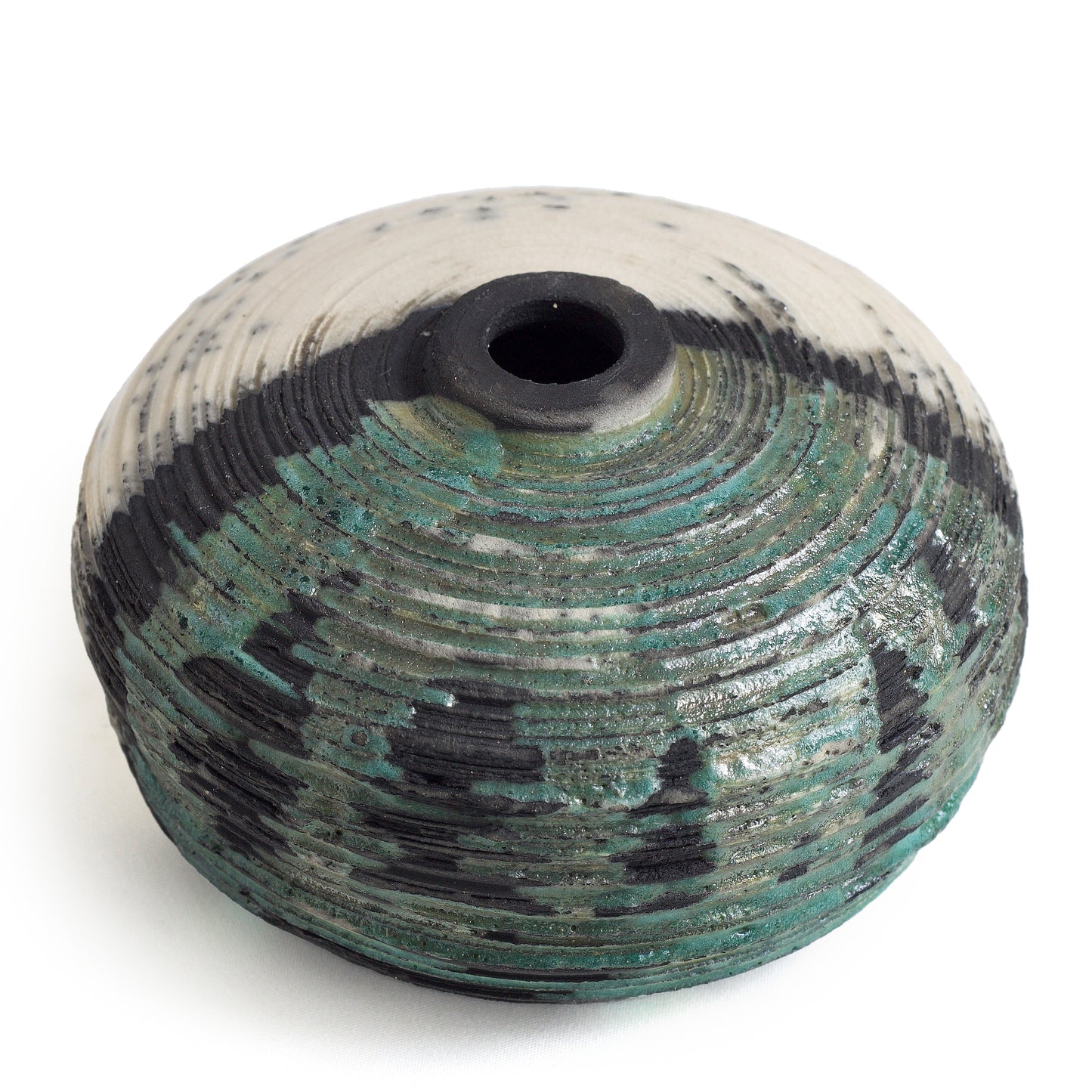 Japanese Modern Nauru Sculpture Raku Ceramic Green White Black Metal
