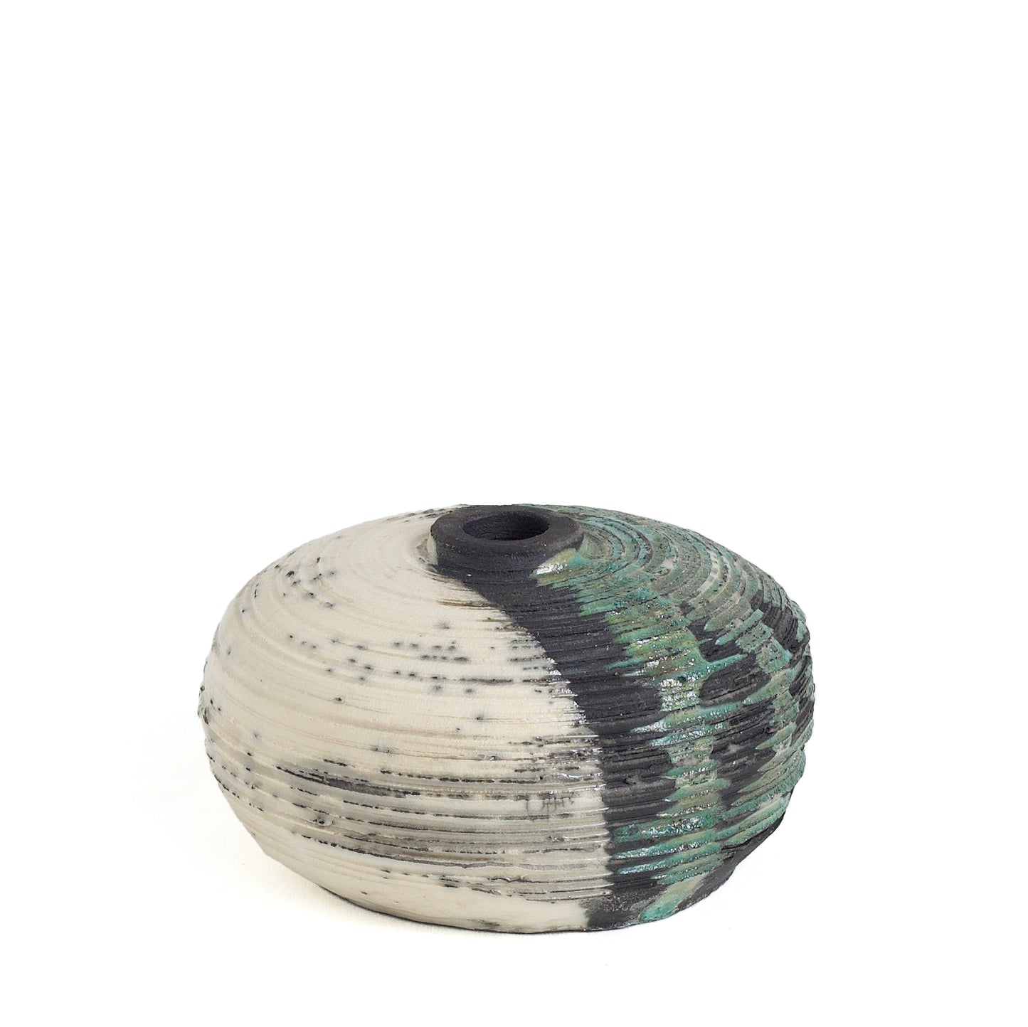 Japanese Modern Nauru Sculpture Raku Ceramic Green White Black Metal