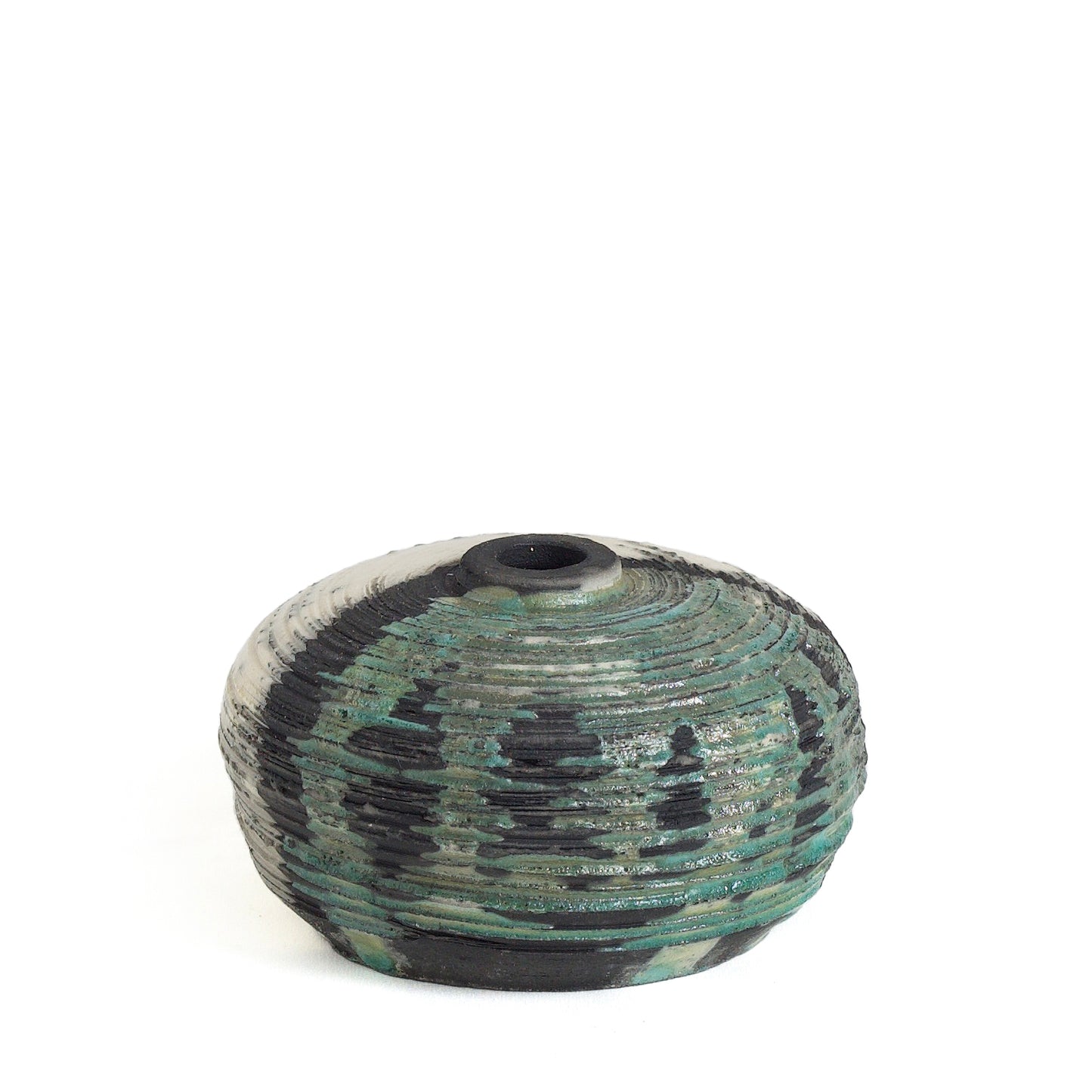 Japanese Modern Nauru Sculpture Raku Ceramic Green White Black Metal