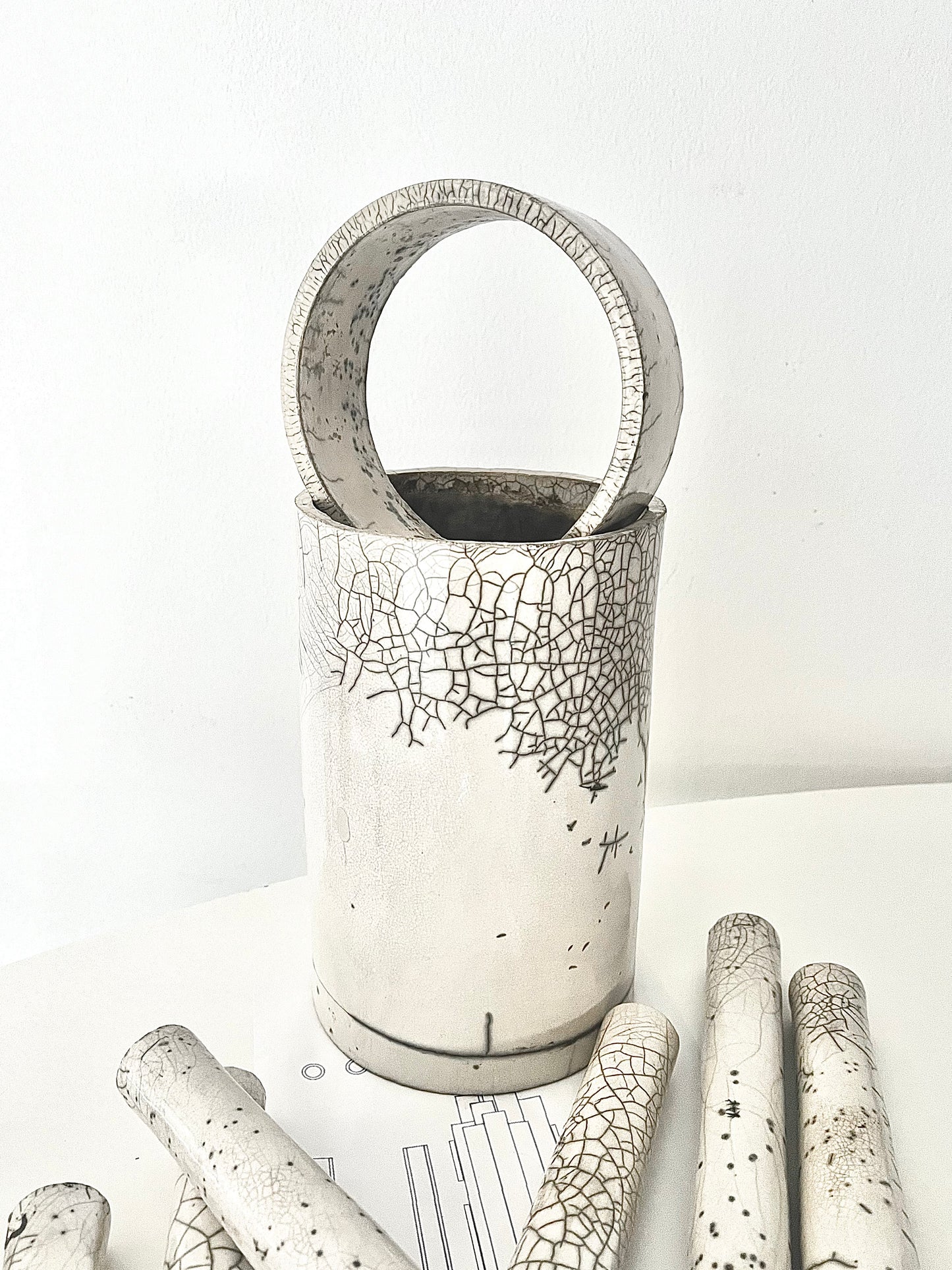 Modern Metropolis Raised Sculpture Raku Ceramic White Crakle