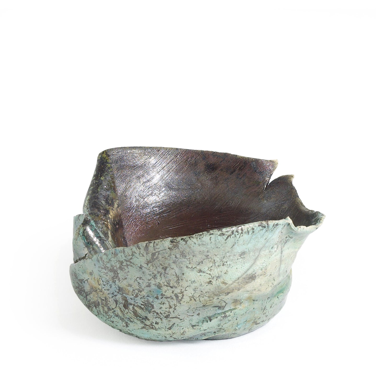 Modern Flower Bowl Raku Ceramic Black White Green Crackle Metal