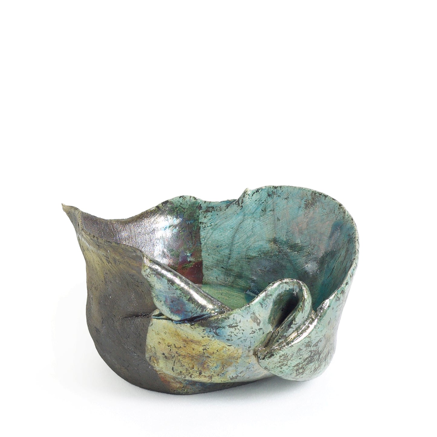 Modern Flower Bowl Raku Ceramic Black White Green Crackle Metal
