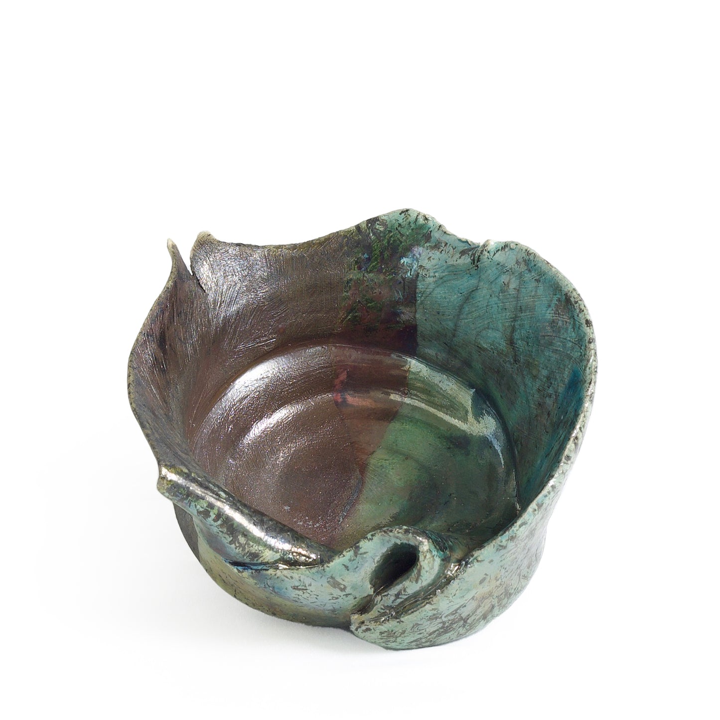 Modern Flower Bowl Raku Ceramic Black White Green Crackle Metal