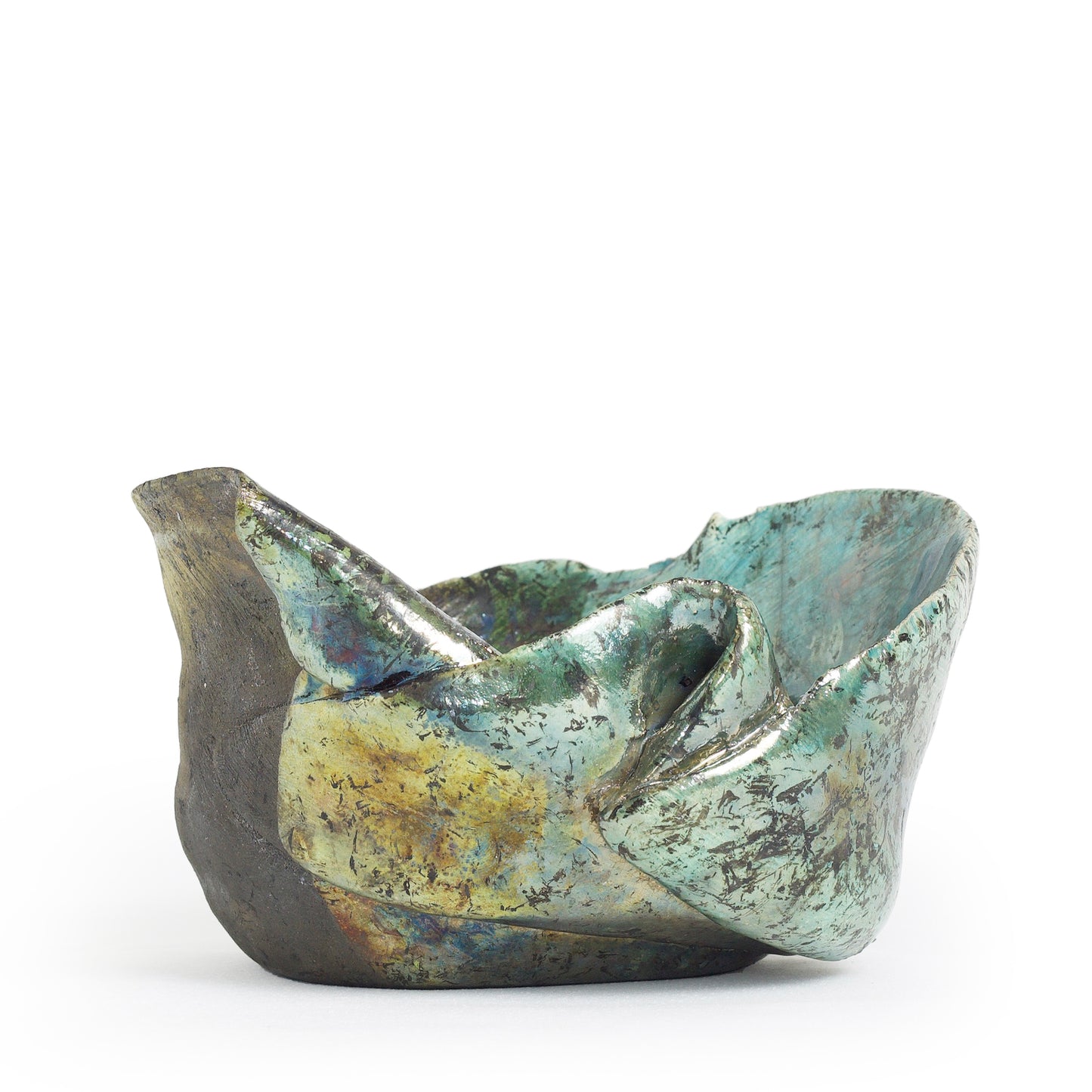 Modern Flower Bowl Raku Ceramic Black White Green Crackle Metal