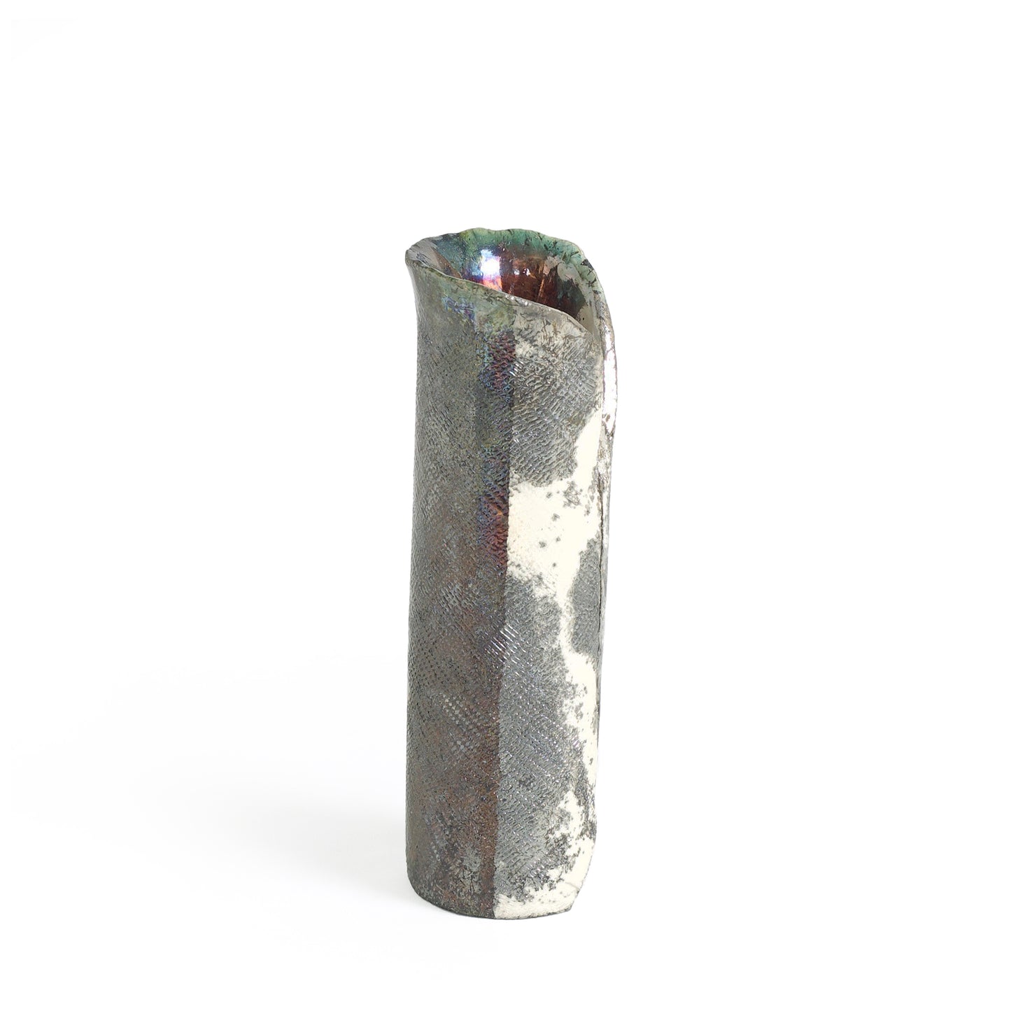 Modern Grip Vase Textured Raku Ceramic Metal Effects Black White Green Crackle