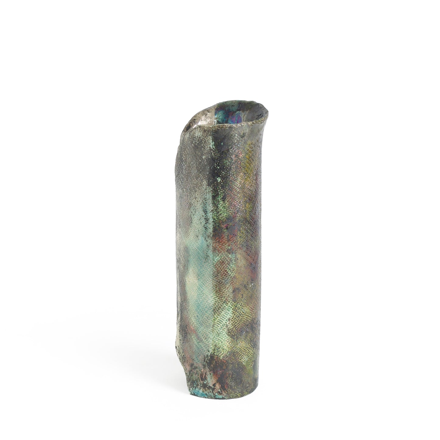 Modern Grip Vase Textured Raku Ceramic Metal Effects Black White Green Crackle