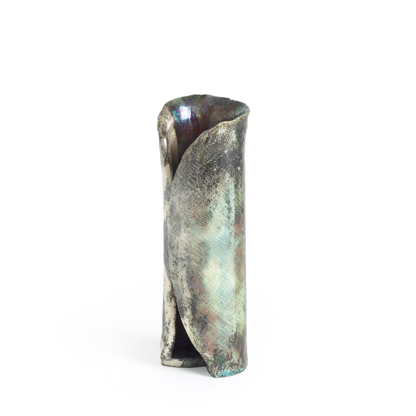 Modern Grip Vase Textured Raku Ceramic Metal Effects Black White Green Crackle