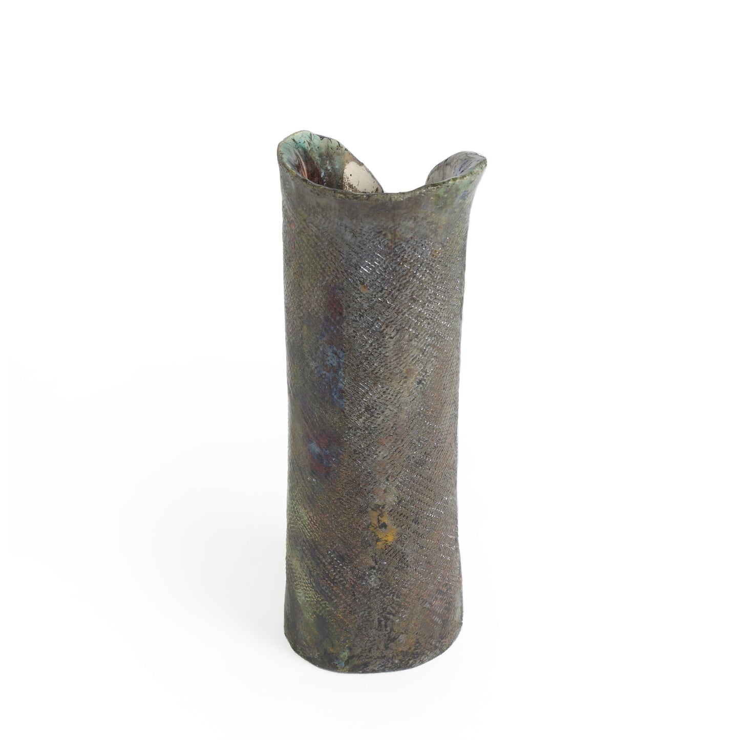 Modern Grip Vase Textured Raku Ceramic Metal Effects Black White Green Crackle