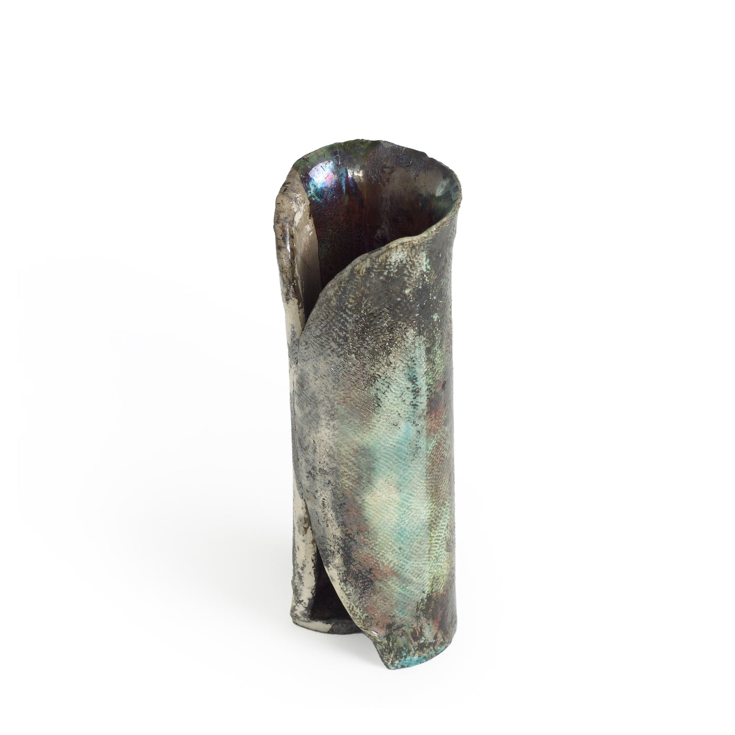 Modern Grip Vase Textured Raku Ceramic Metal Effects Black White Green Crackle