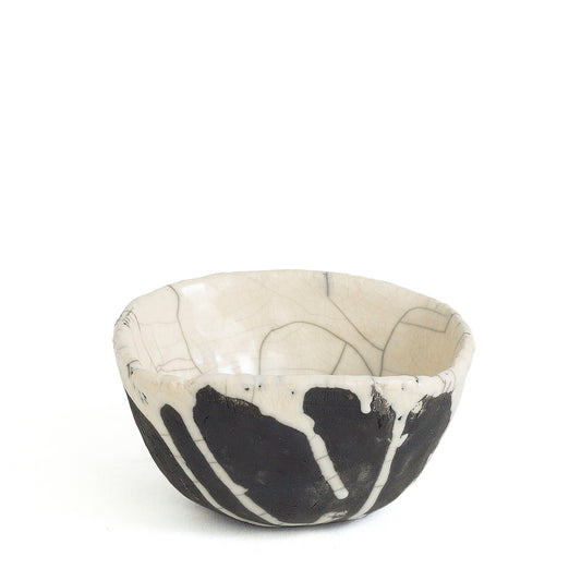 Ancient Dripping Small Bowl Ceramic Raku Crackle Black White