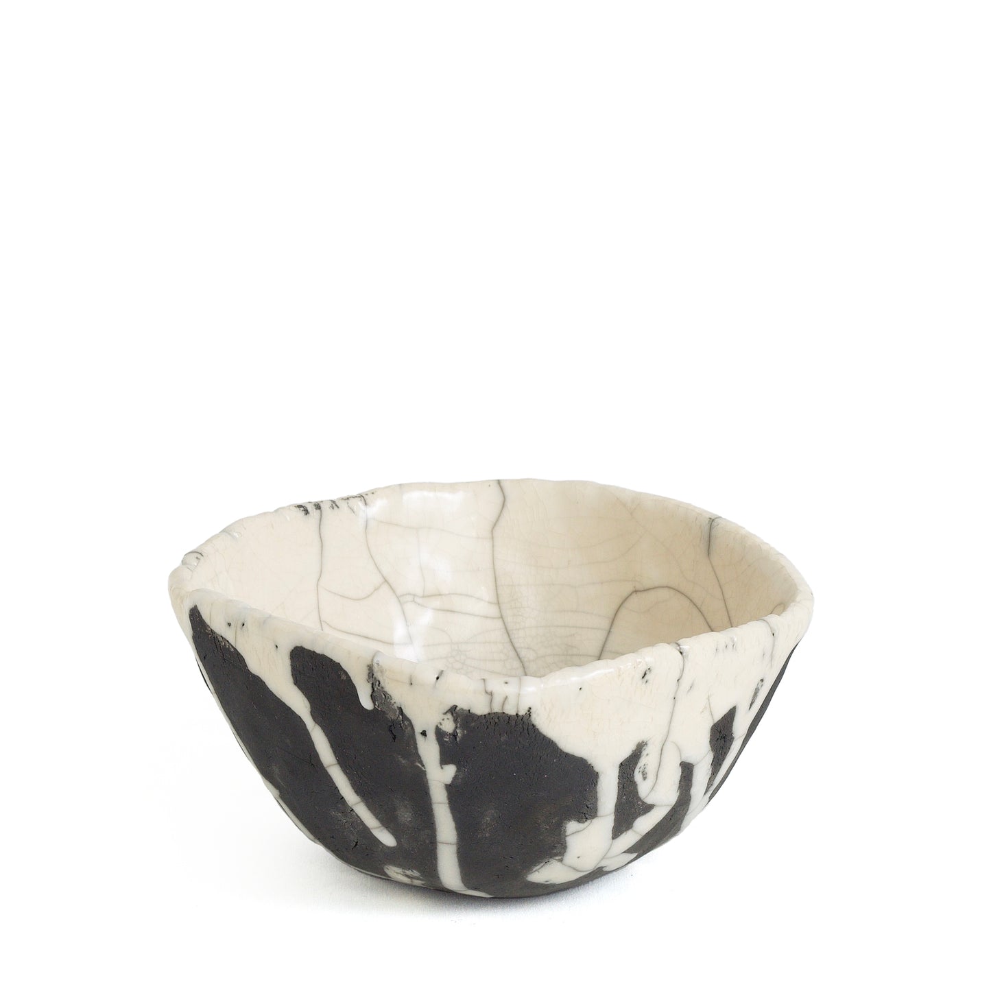 Ancient Dripping Small Bowl Ceramic Raku Crackle Black White