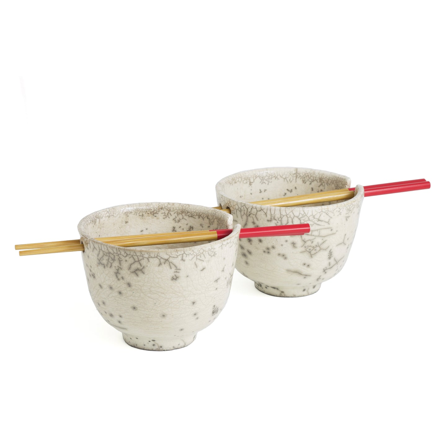 Japanese Ramen Bowls Raku Ceramic White Crackle Set of 2