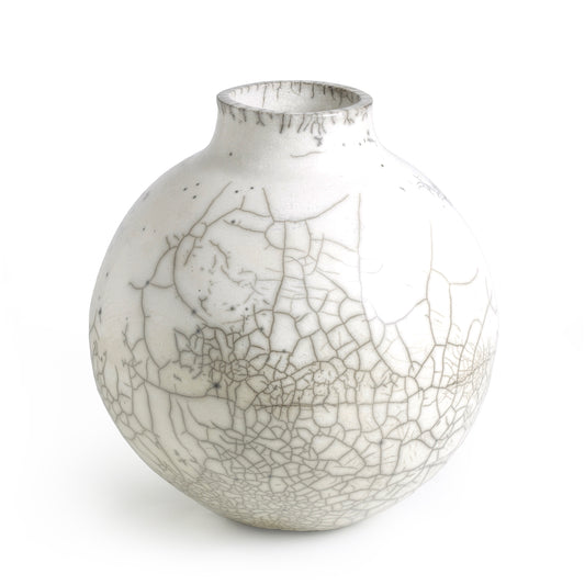 Japanese Modern Minimalist Dome Vase Raku Ceramic White Crakle Low Bottom
