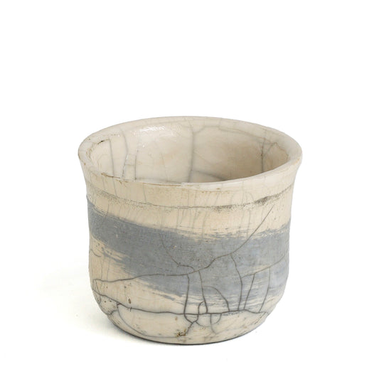 Japanese Tea Cup Raku Ceramic Unique Glass Bottom White Grey Raku