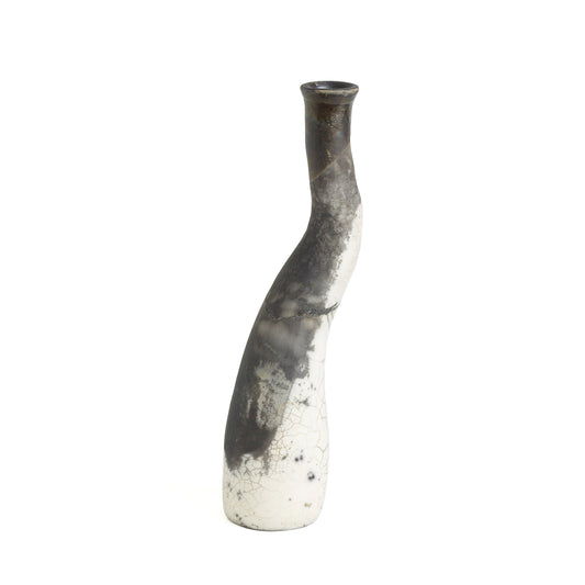 Japanese Modern Stelo Curved Candle Holder Raku Ceramic White Crackle Black