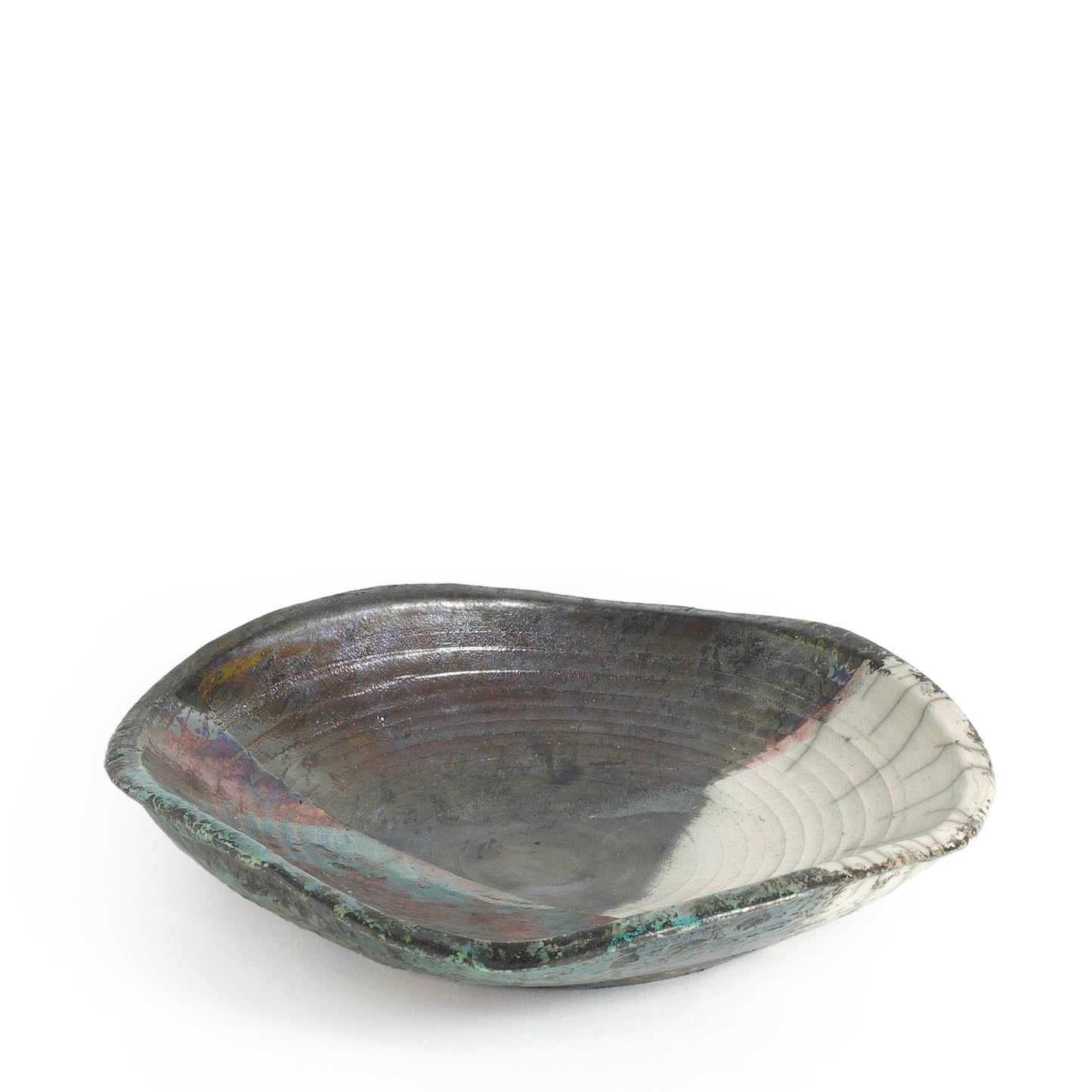 Modern Wavy Plate Raku Ceramic Black White Green Crackle Metal