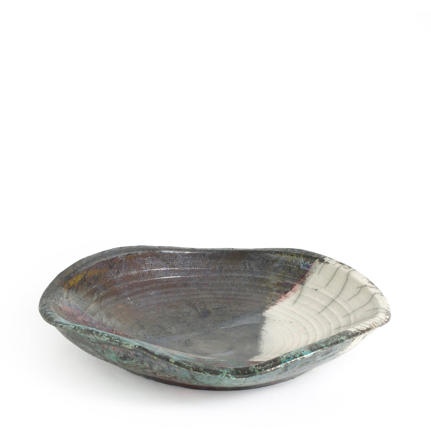 Modern Wavy Plate Raku Ceramic Black White Green Crackle Metal