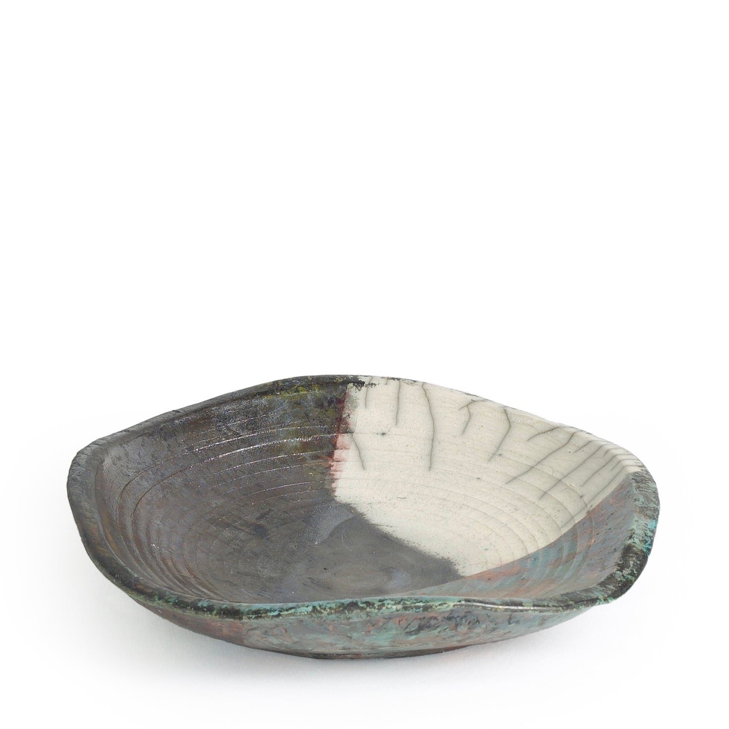 Modern Wavy Plate Raku Ceramic Black White Green Crackle Metal