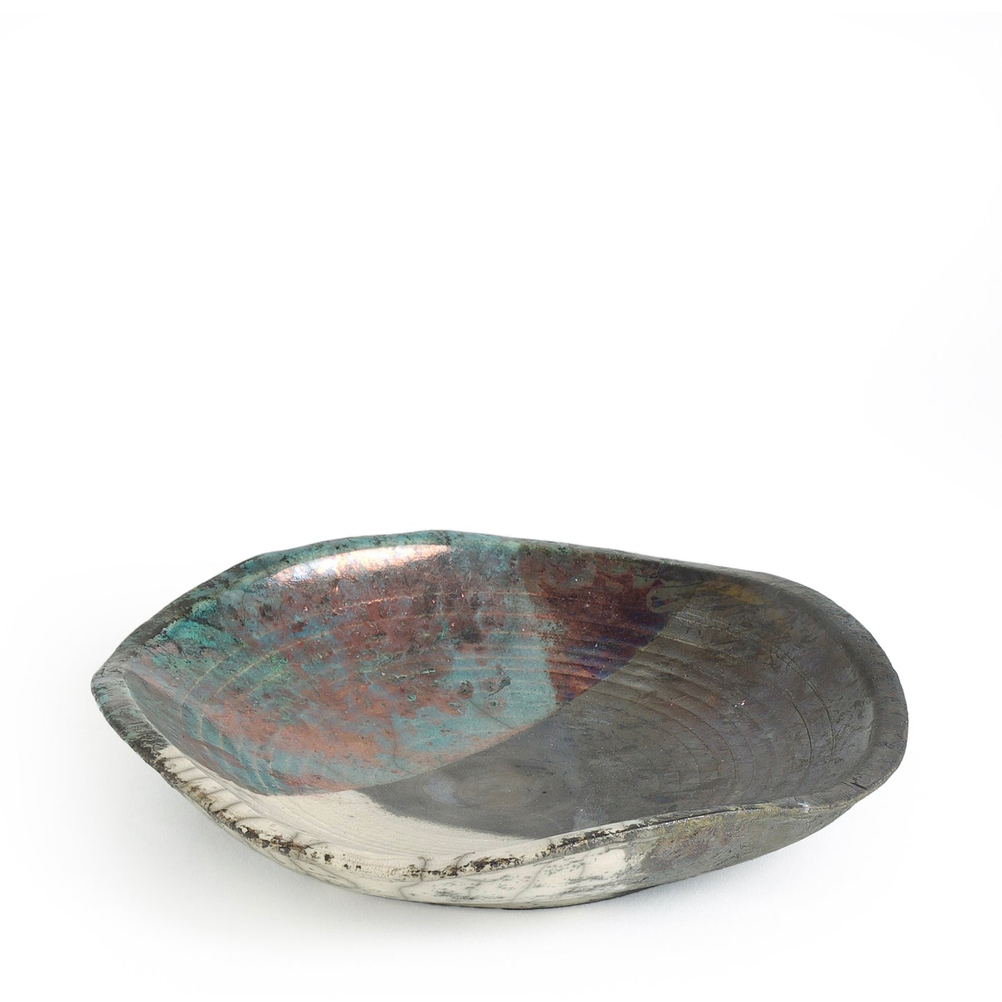 Modern Wavy Plate Raku Ceramic Black White Green Crackle Metal