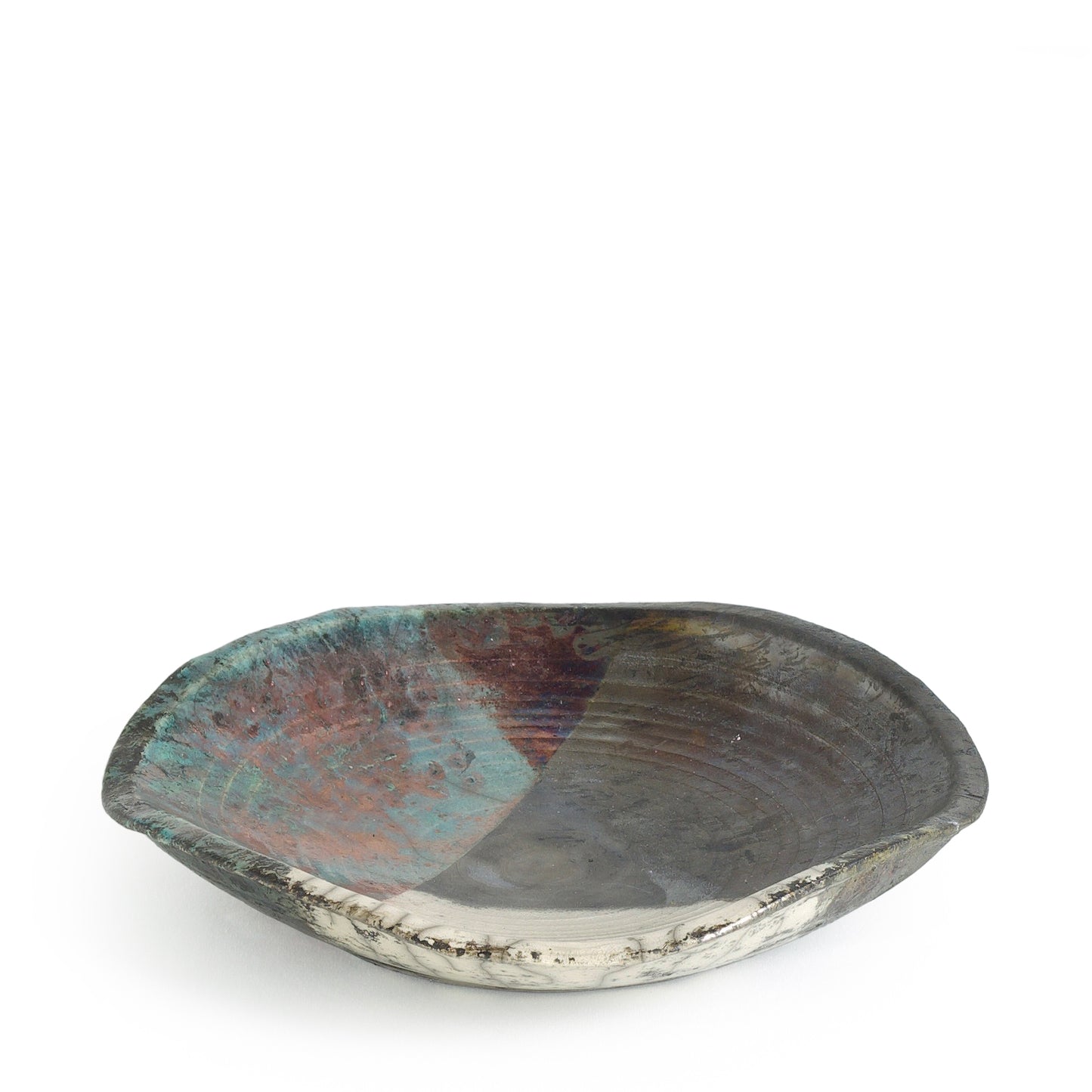 Modern Wavy Plate Raku Ceramic Black White Green Crackle Metal