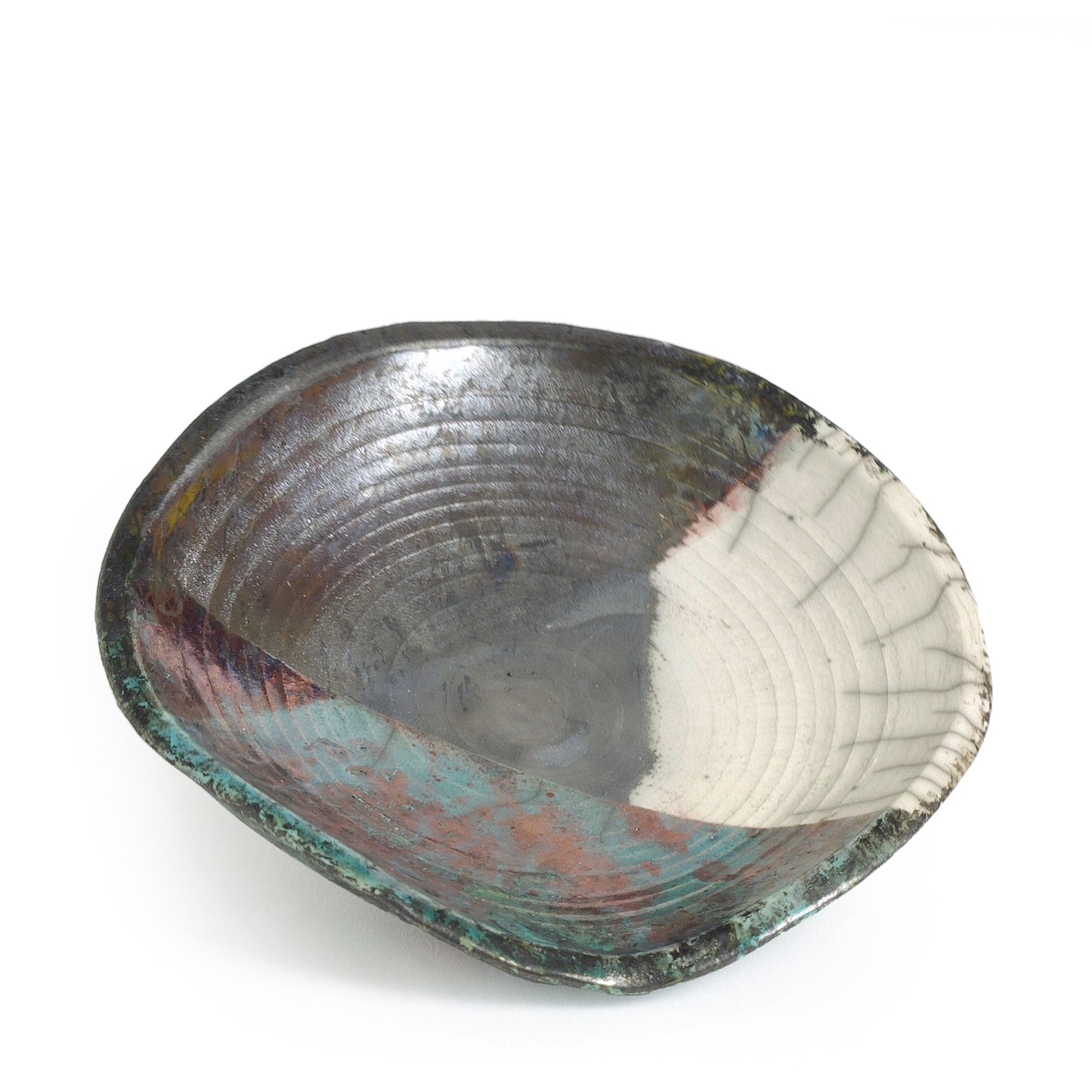 Modern Wavy Plate Raku Ceramic Black White Green Crackle Metal