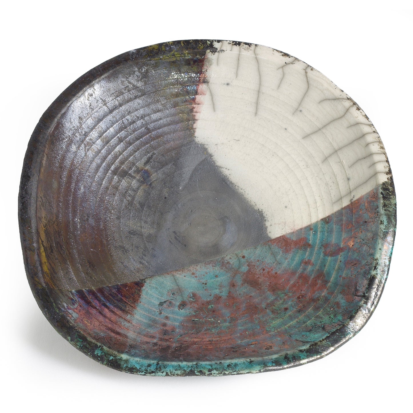 Modern Wavy Plate Raku Ceramic Black White Green Crackle Metal