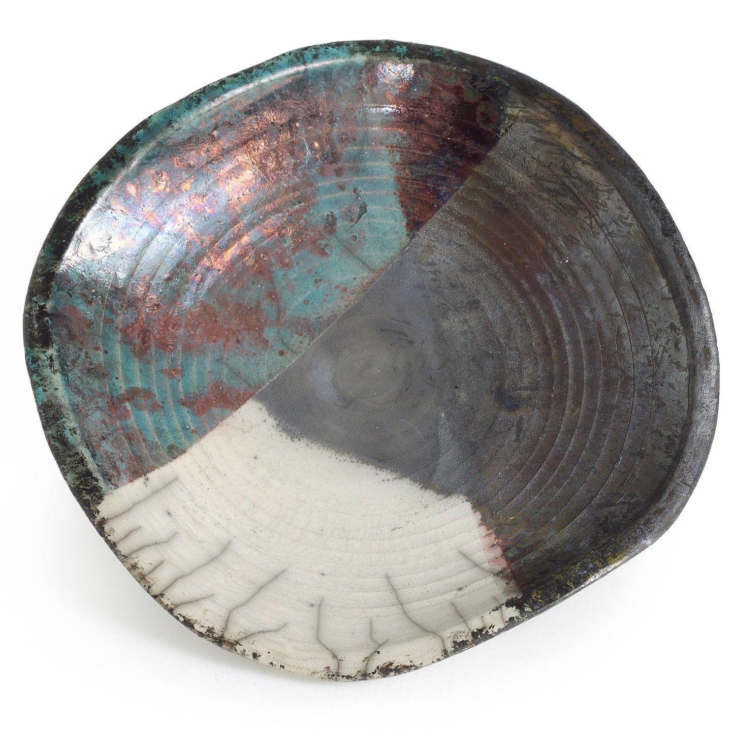 Modern Wavy Plate Raku Ceramic Black White Green Crackle Metal