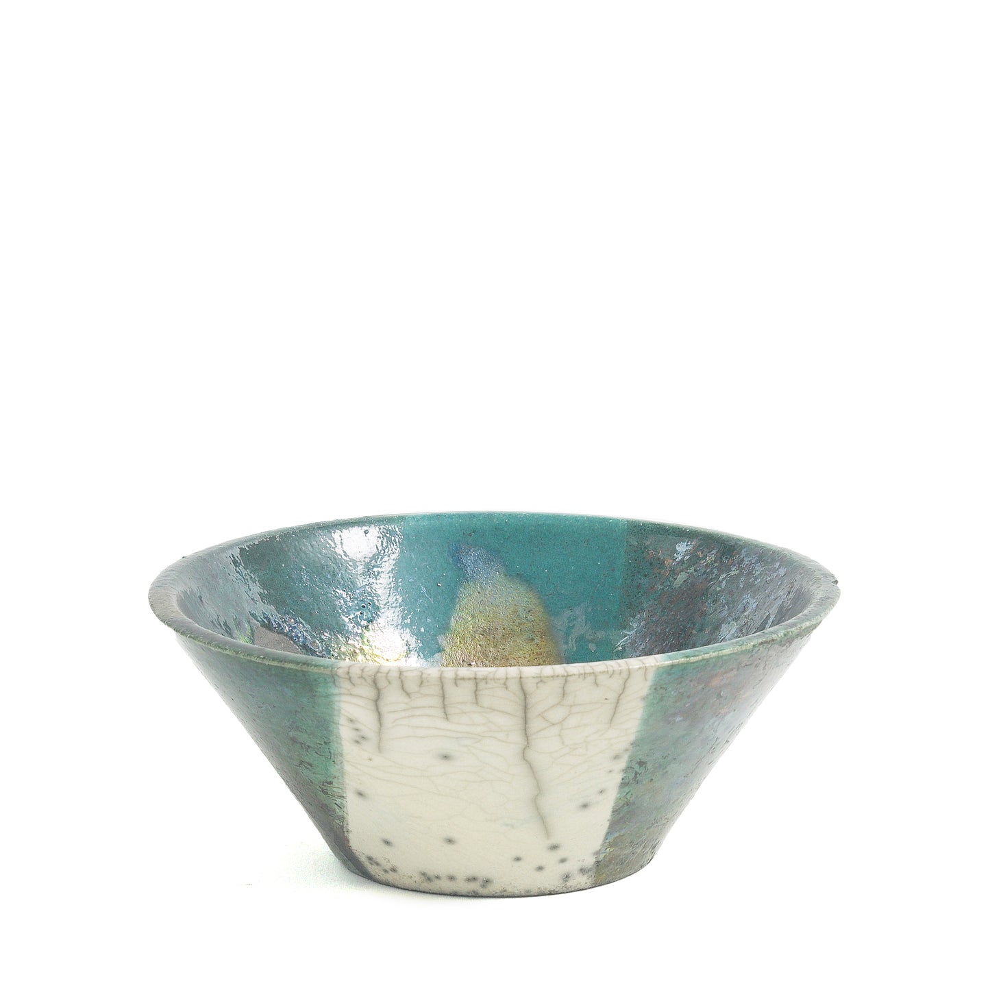 Japanese Minimalistic Aurora Set of 4 Bowls Raku Ceramics White Green Metal