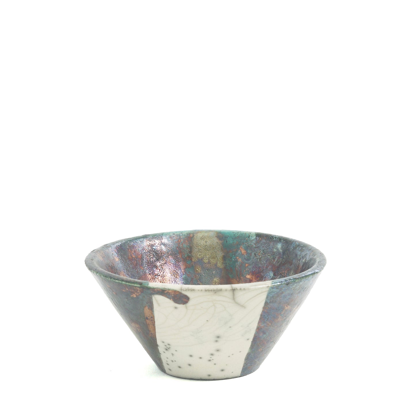 Japanese Minimalistic Aurora Set of 4 Bowls Raku Ceramics White Green Metal