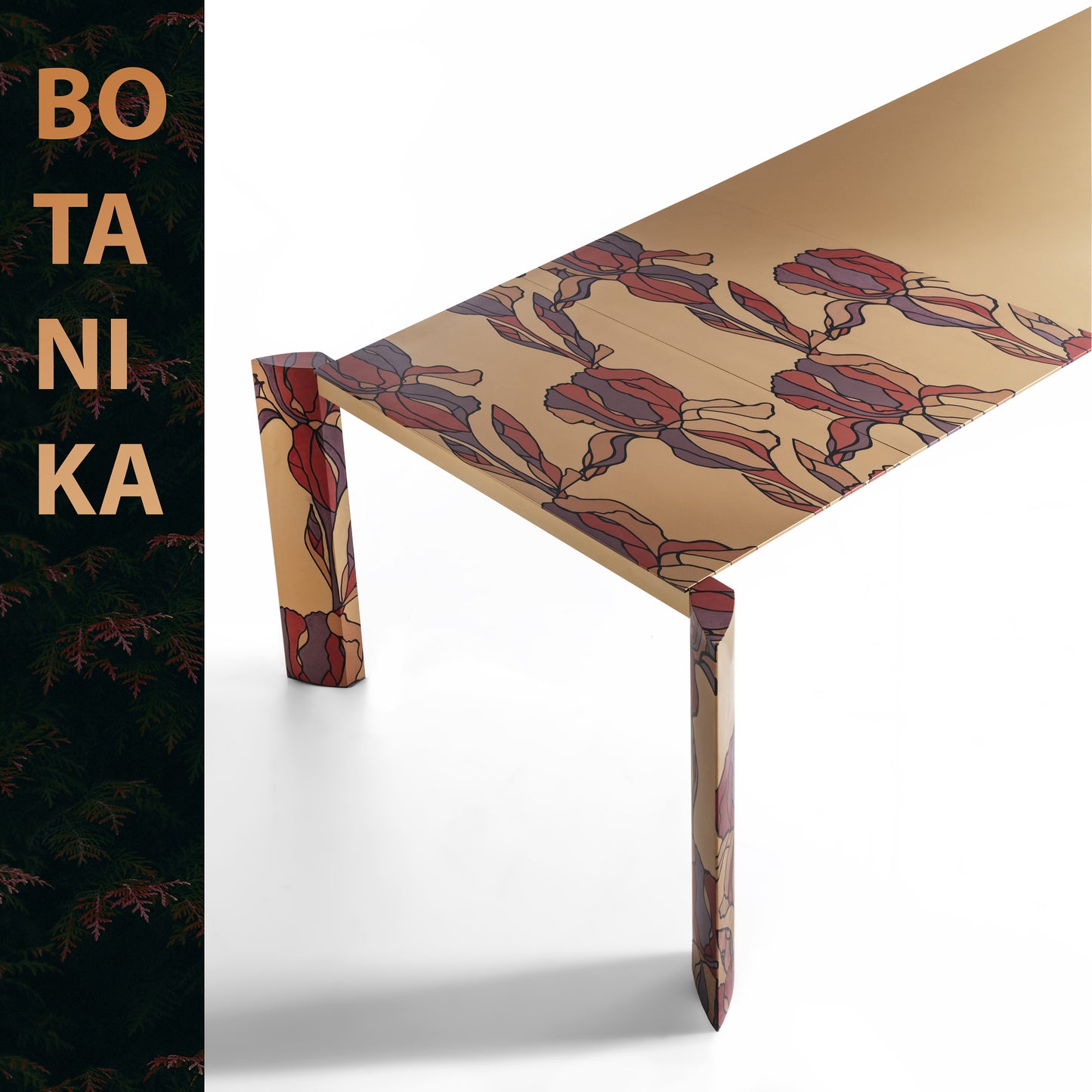 Minimalist BotaniKa Table Aluminium Extendable Gold With Floral Print