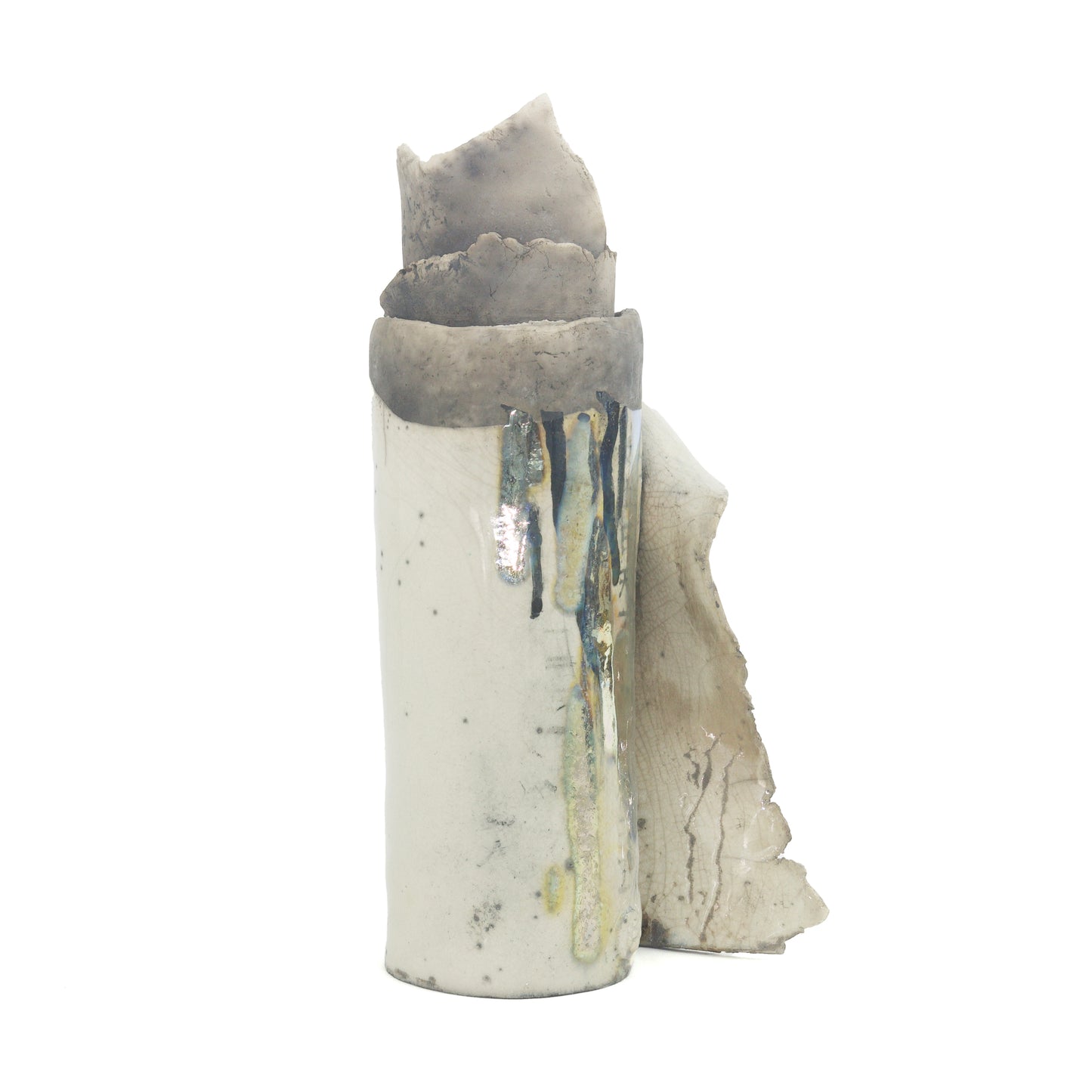 Japanese Modern Civilta' Sculpture Raku Ceramic White Crakle Metal Kanji