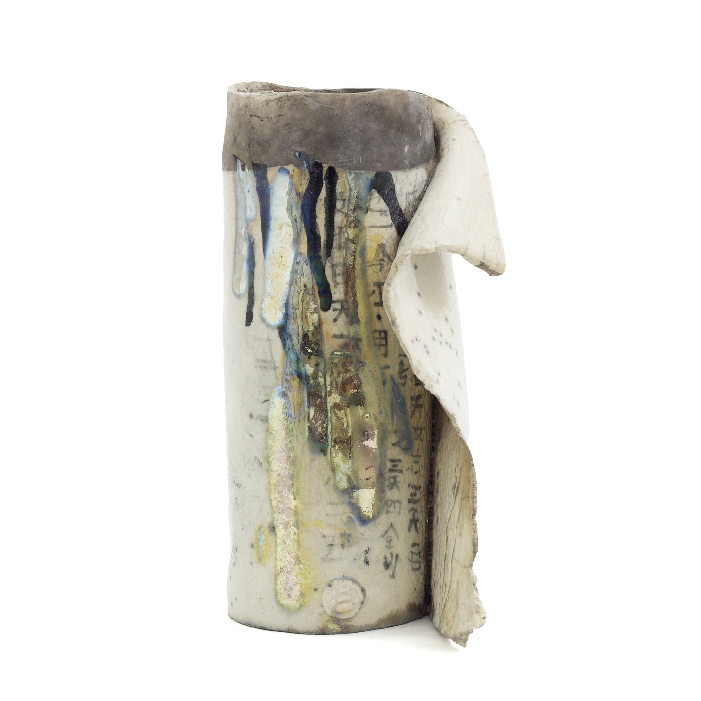 Japanese Modern Civilta' Sculpture Raku Ceramic White Crakle Metal Kanji