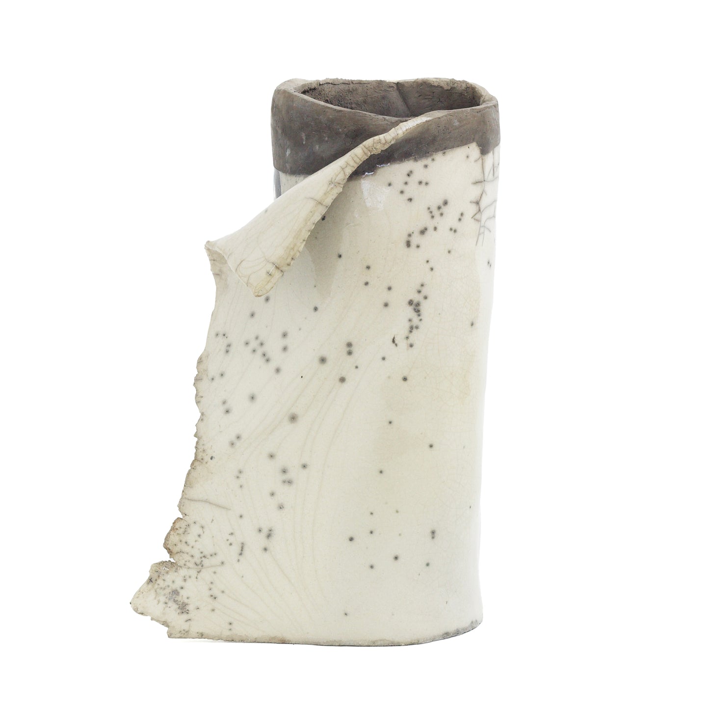 Japanese Modern Civilta' Sculpture Raku Ceramic White Crakle Metal Kanji
