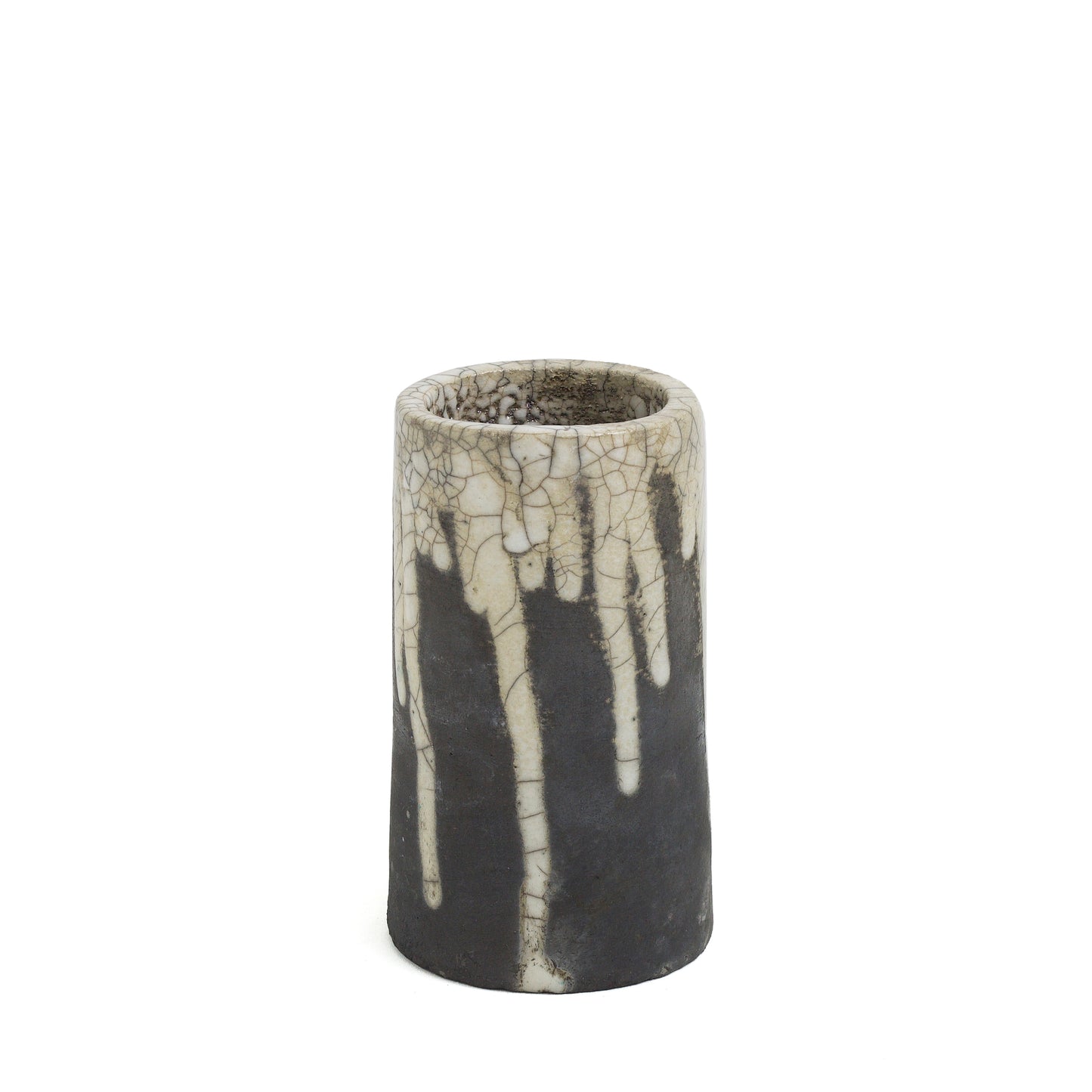 Japanese Modern Magma Pen Holder Raku Ceramic Black White Crakle