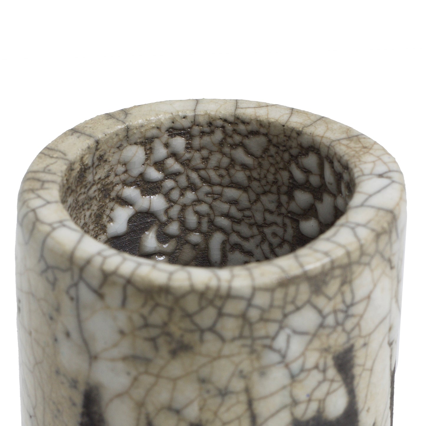 Japanese Modern Magma Pen Holder Raku Ceramic Black White Crakle