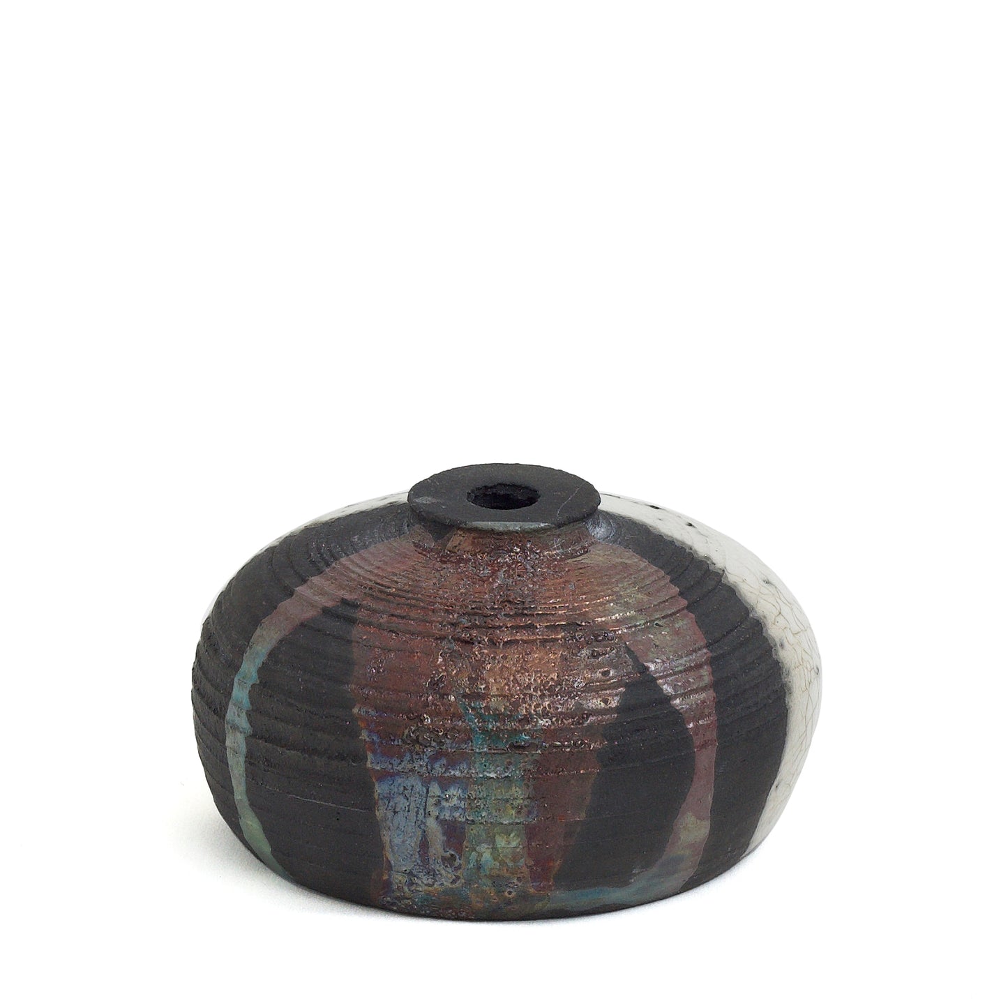 Japanese Modern Nauru Sculpture Raku Ceramic Green White Black Metal