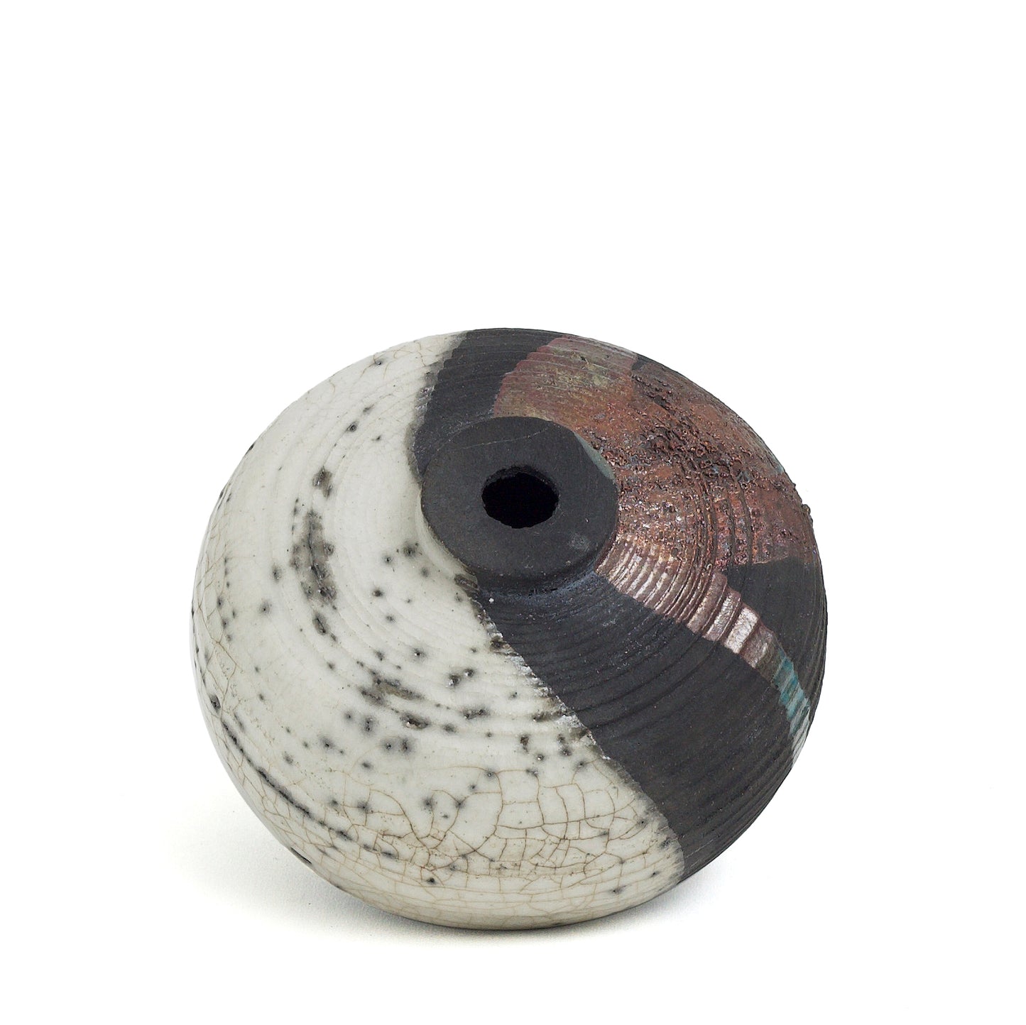 Japanese Modern Nauru Sculpture Raku Ceramic Green White Black Metal