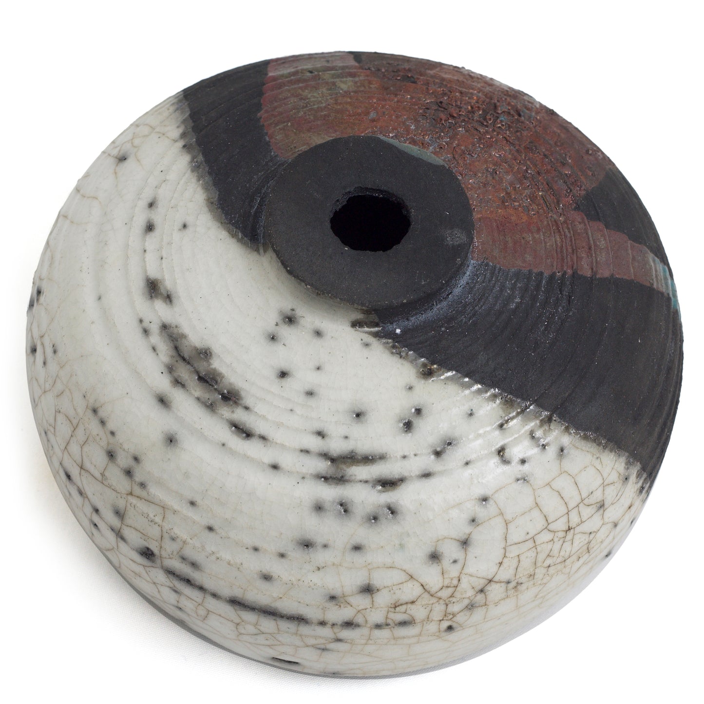 Japanese Modern Nauru Sculpture Raku Ceramic Green White Black Metal