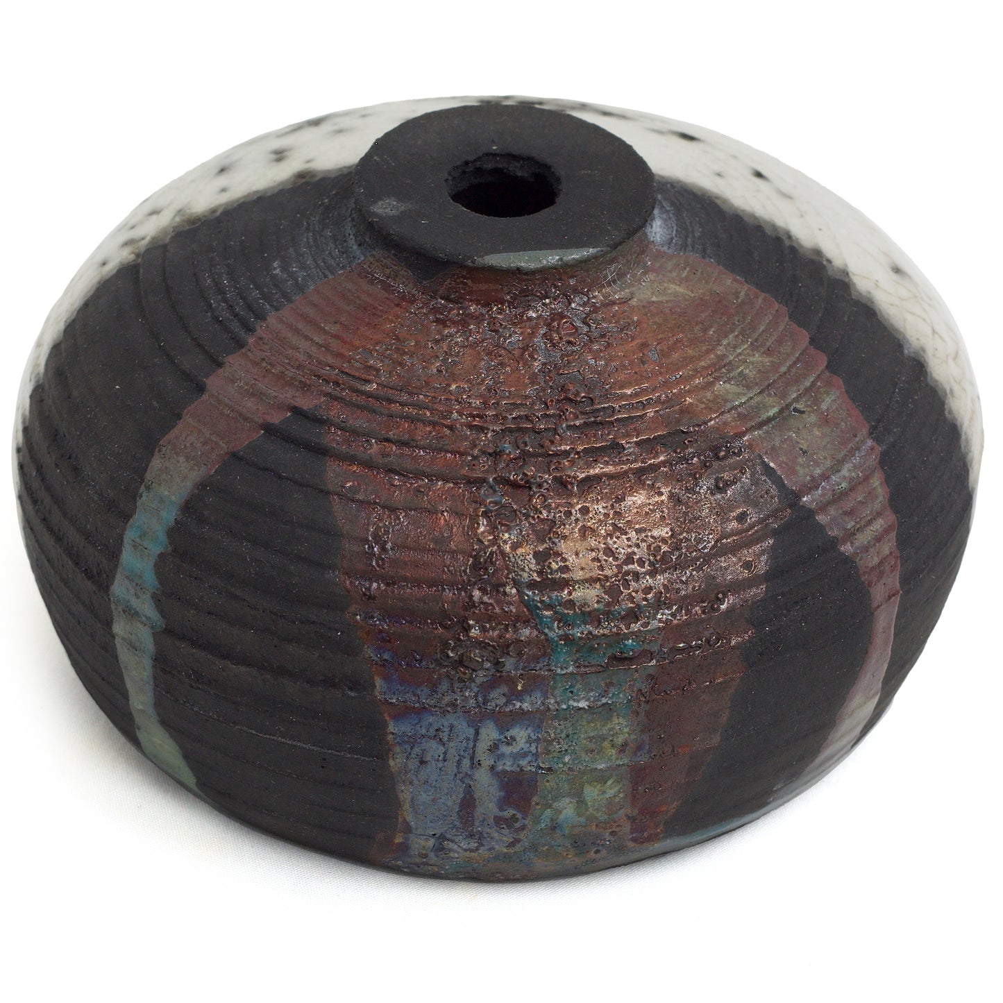 Japanese Modern Nauru Sculpture Raku Ceramic Green White Black Metal