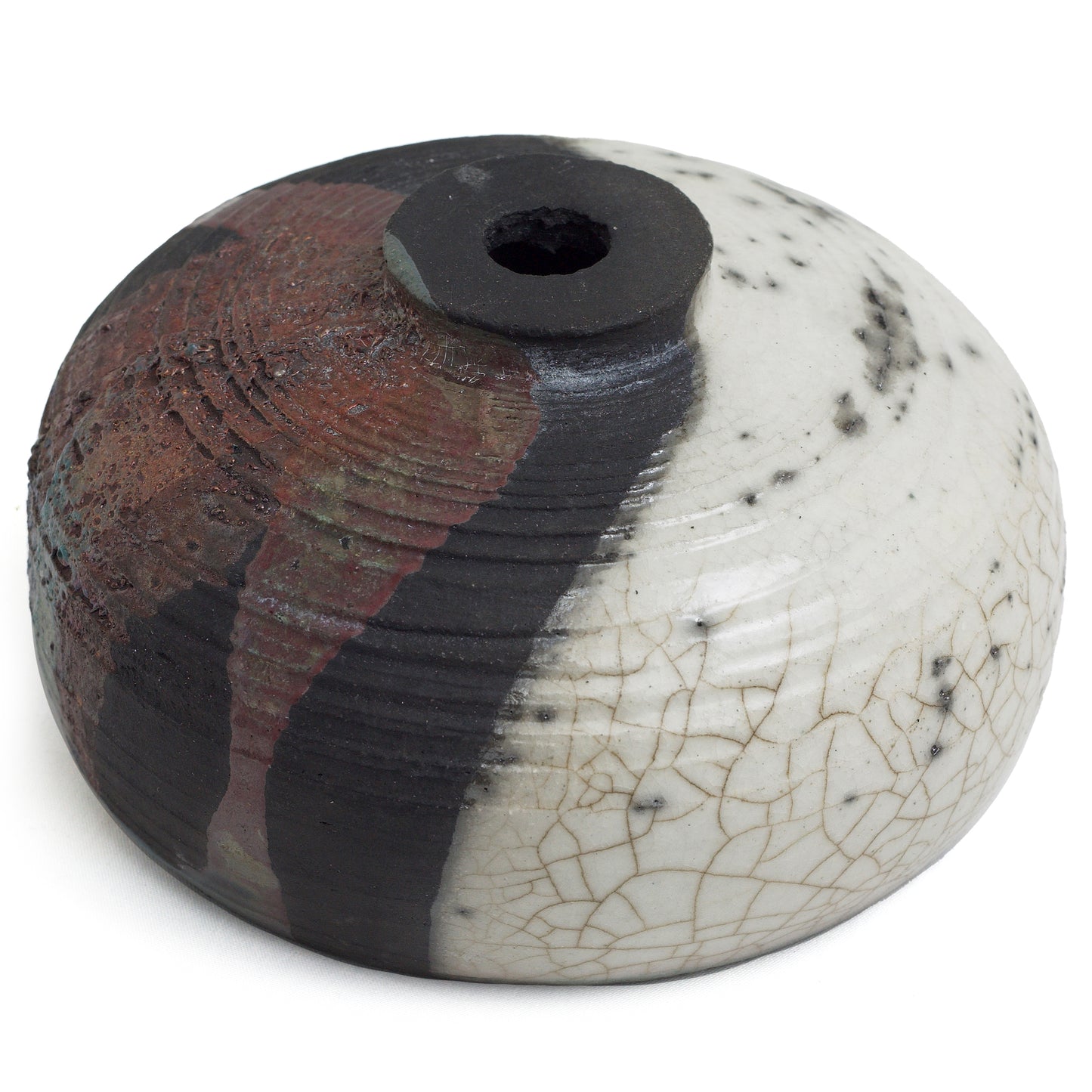 Japanese Modern Nauru Sculpture Raku Ceramic Green White Black Metal