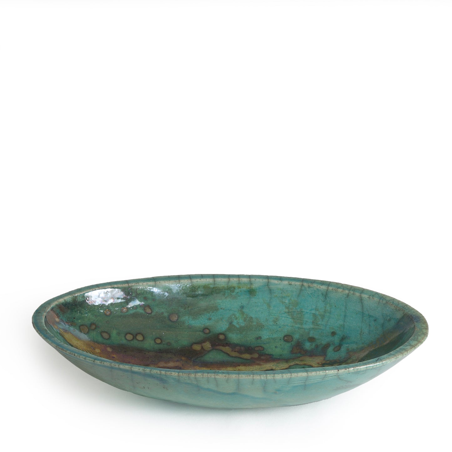 Japanese Modern Long Bowl Raku Ceramic Green Copper