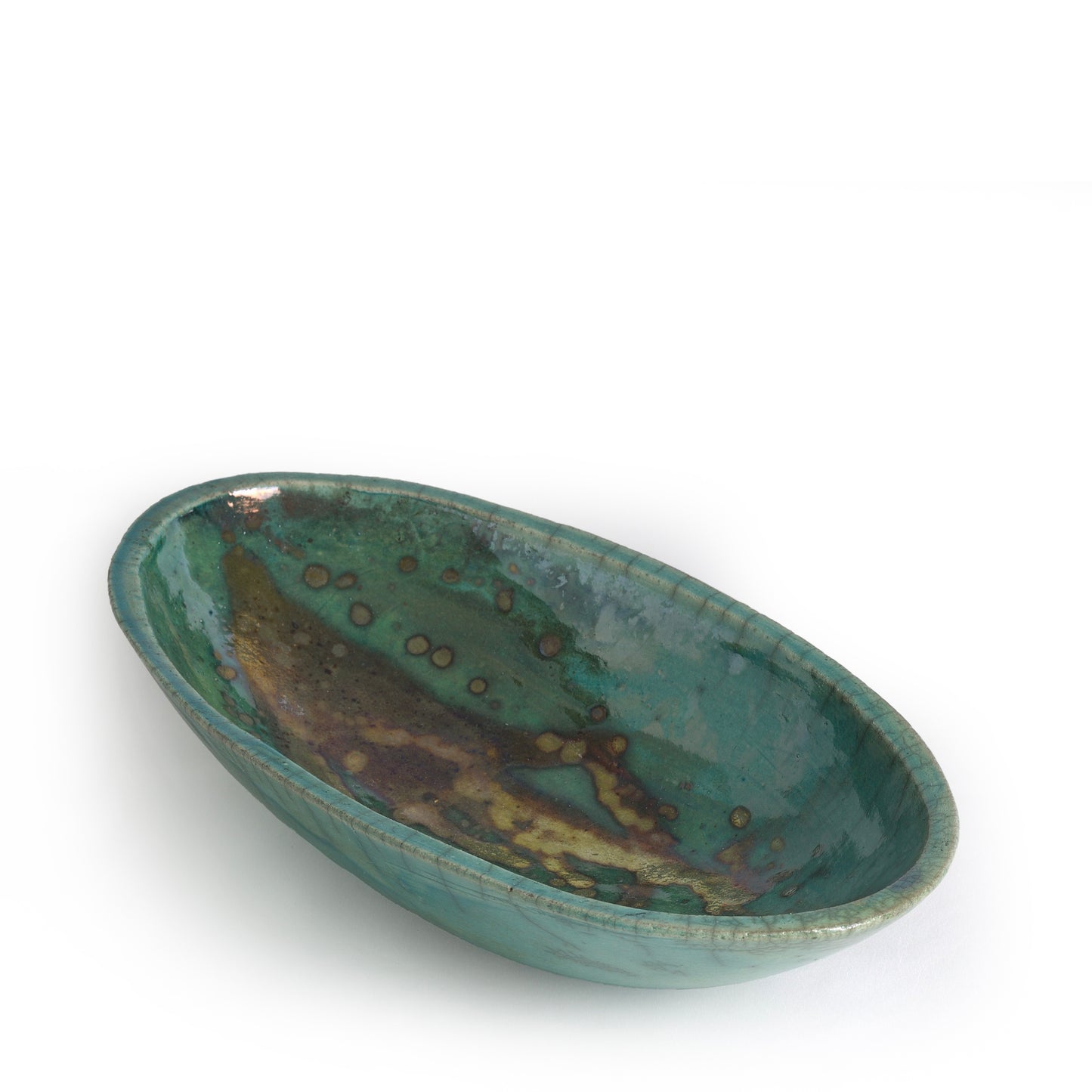 Japanese Modern Long Bowl Raku Ceramic Green Copper