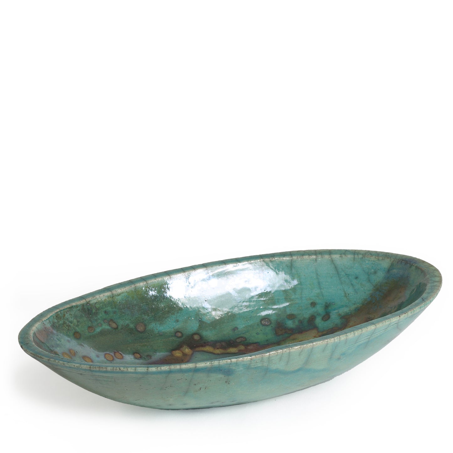 Japanese Modern Long Bowl Raku Ceramic Green Copper