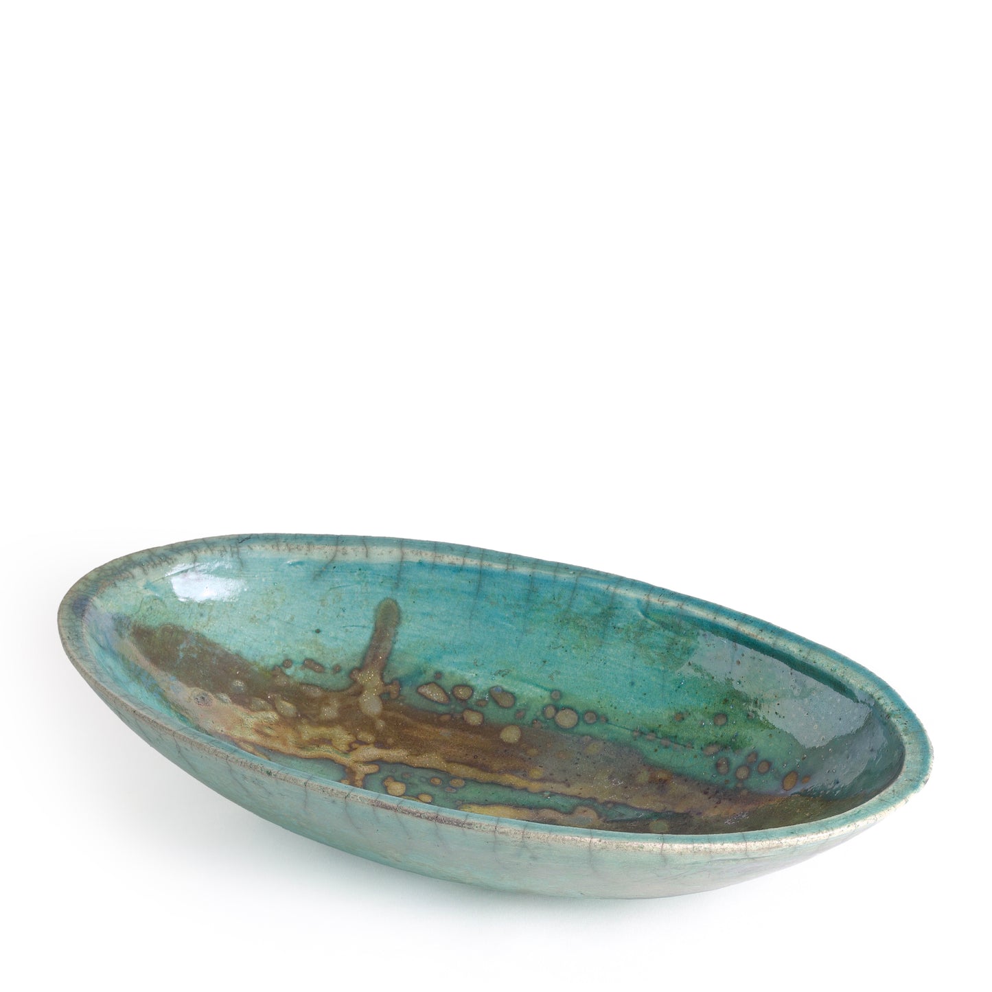 Japanese Modern Long Bowl Raku Ceramic Green Copper