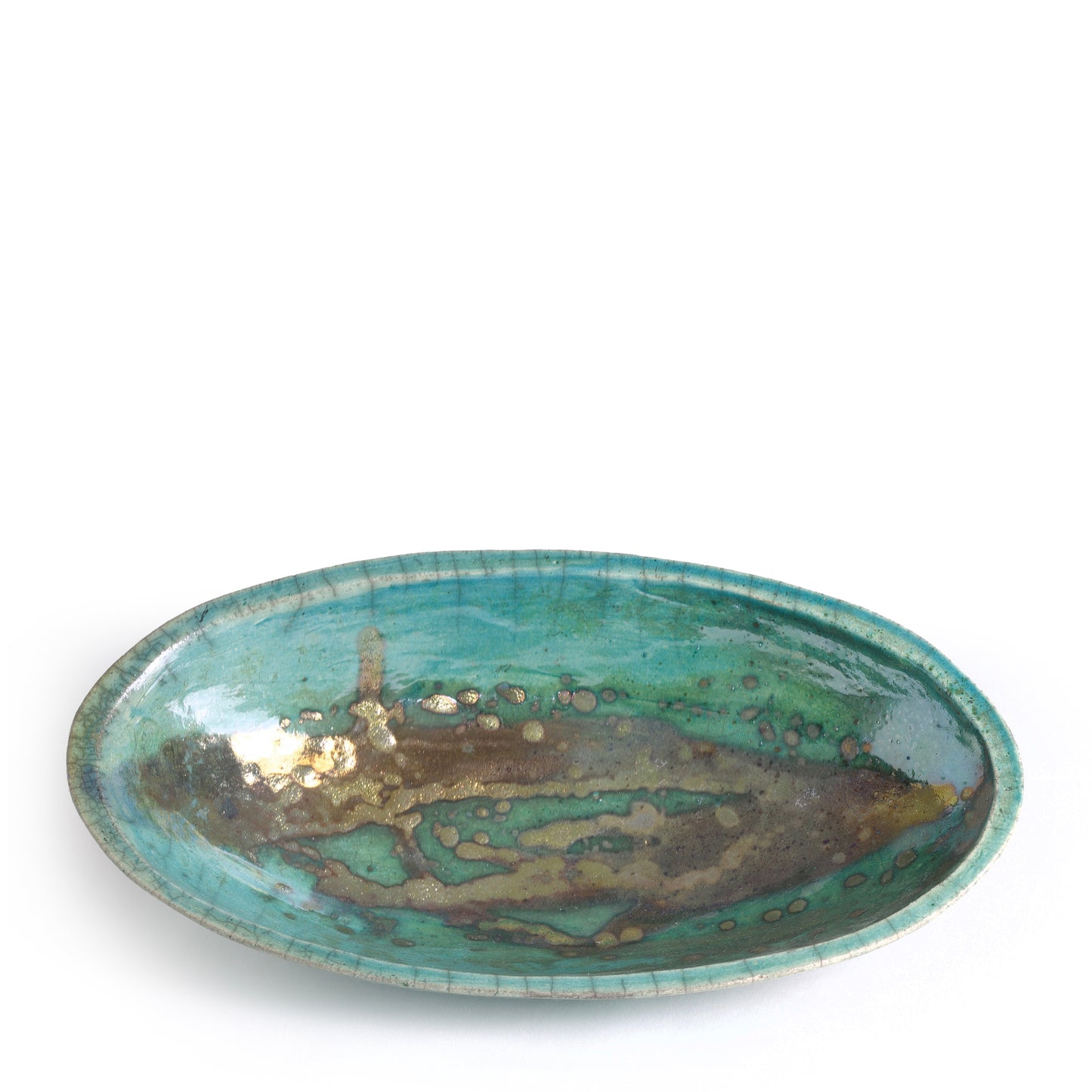 Japanese Modern Long Bowl Raku Ceramic Green Copper