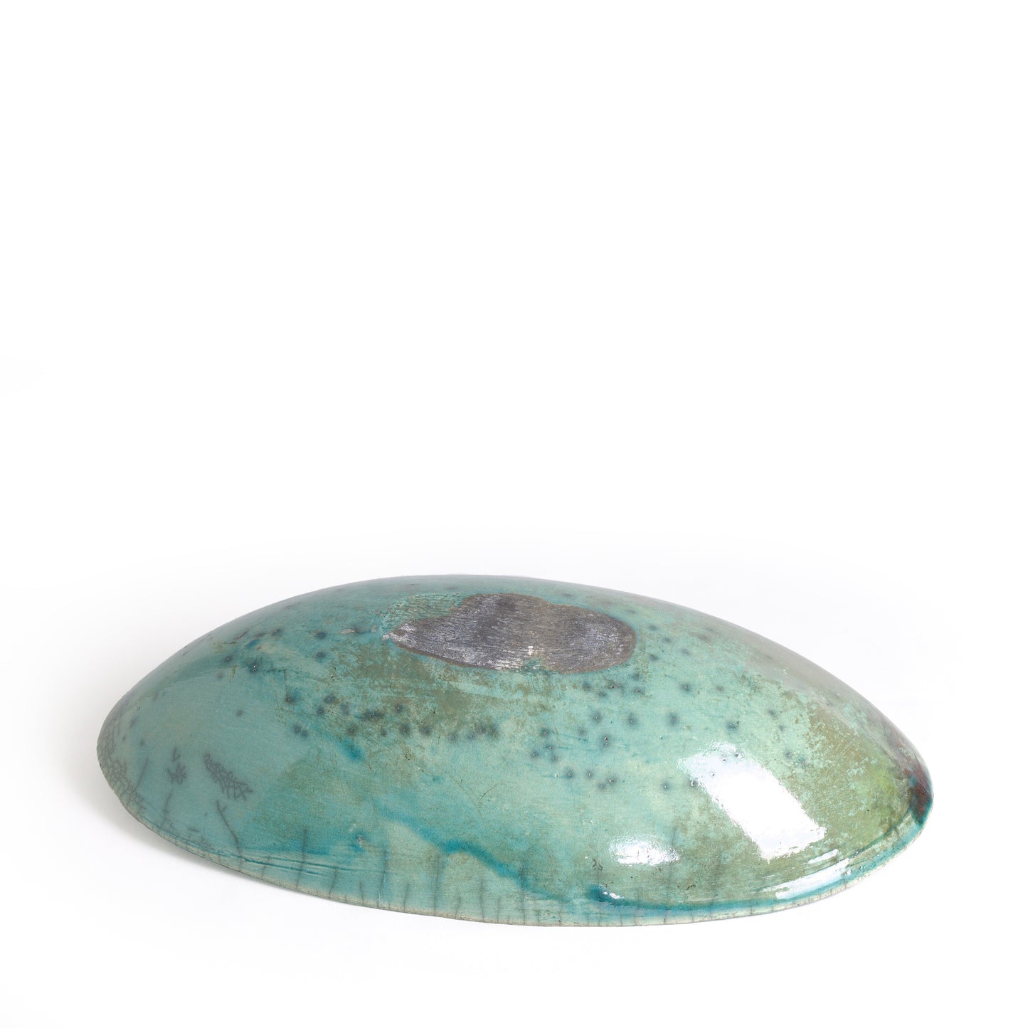 Japanese Modern Long Bowl Raku Ceramic Green Copper