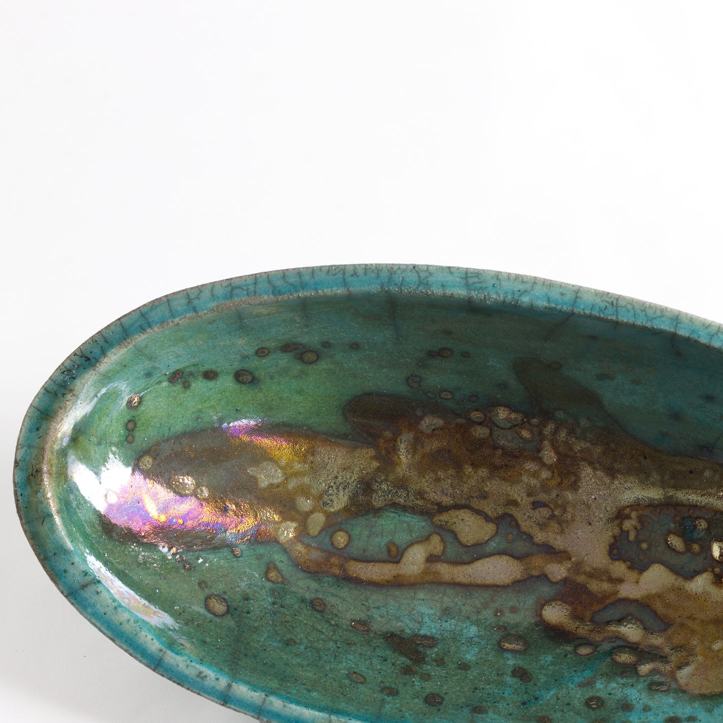 Japanese Modern Long Bowl Raku Ceramic Green Copper